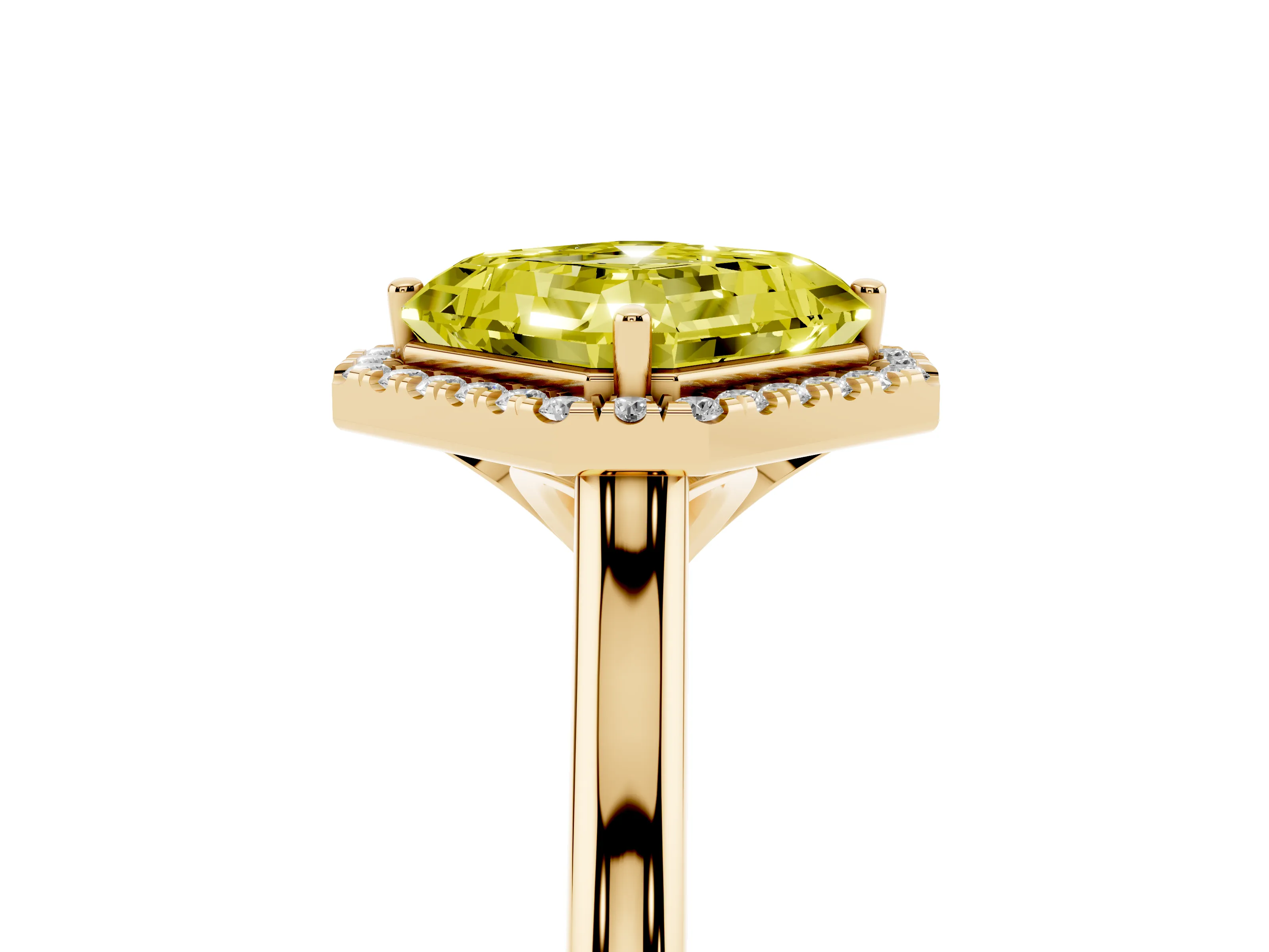 Fancy Yellow Asscher Cut Diamond Halo Engagement Ring Set in Yellow gold with Pavé Band and Rising Shoulders