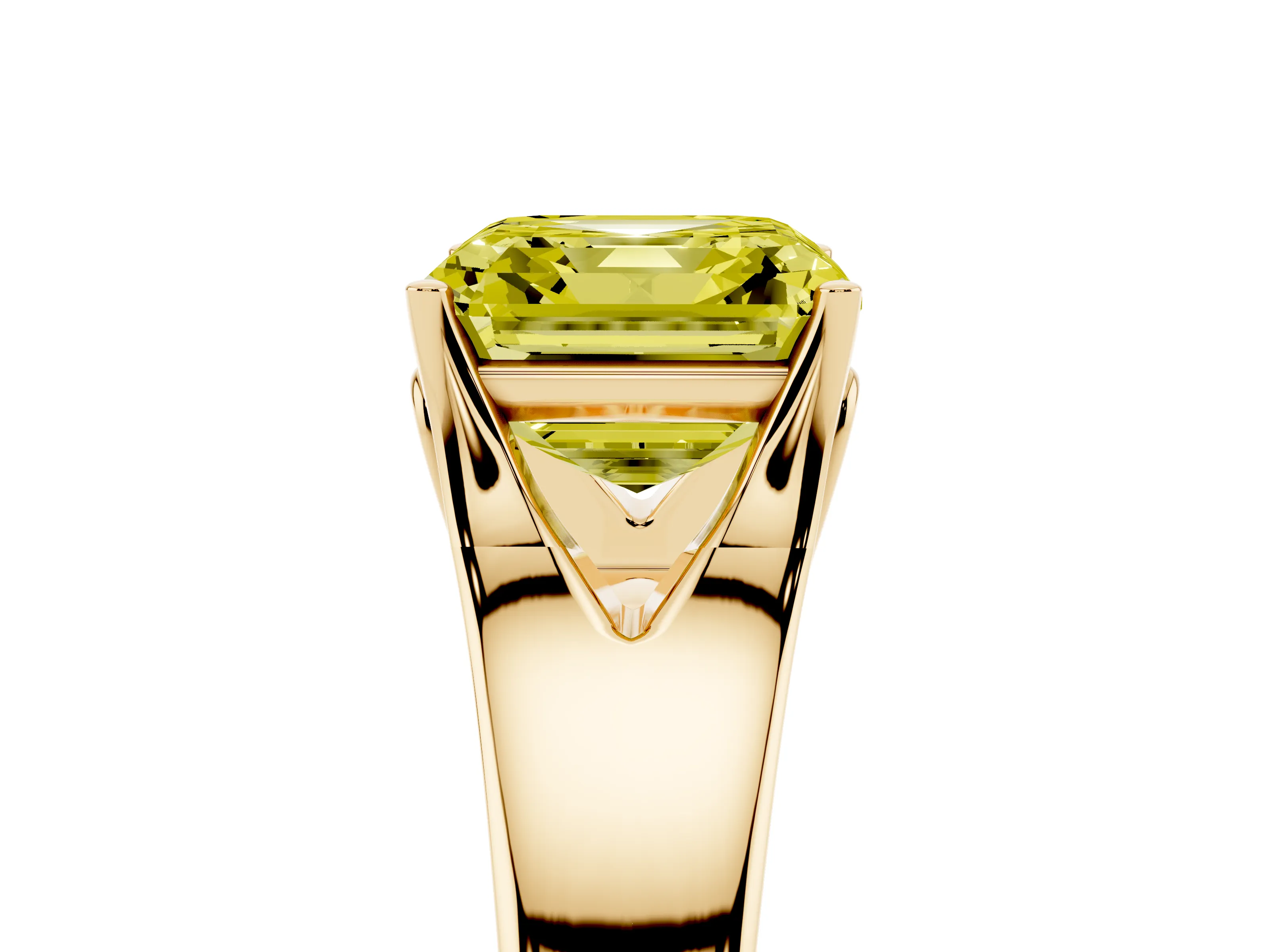 Fancy Yellow Asscher Cut Diamond Solitaire Ring Set in Yellow gold with Arched Cathedral Band and Prong Setting