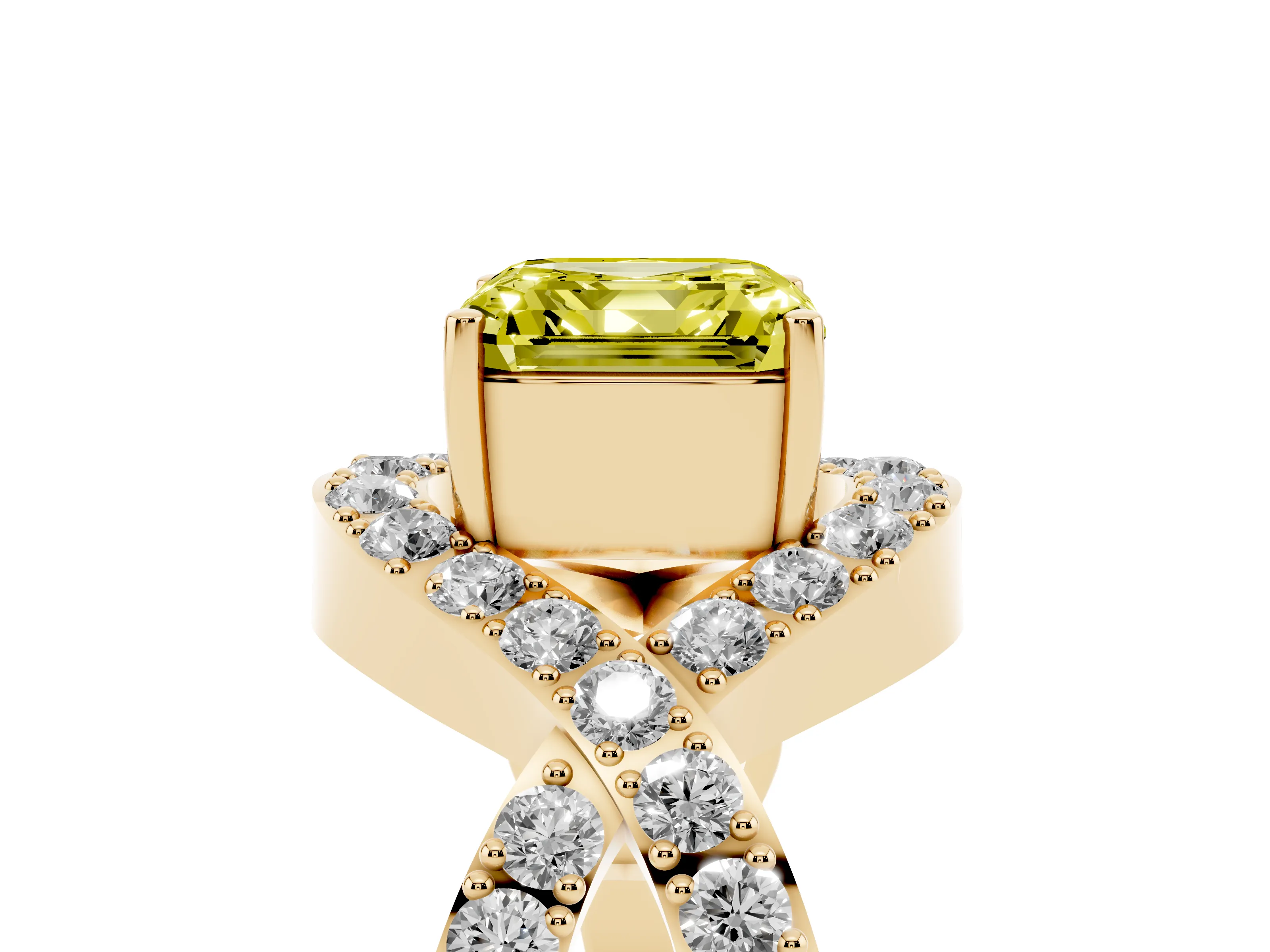 Fancy Yellow Asscher Cut Diamond Solitaire Twist Band Pavé Engagement Ring Set in Yellow gold