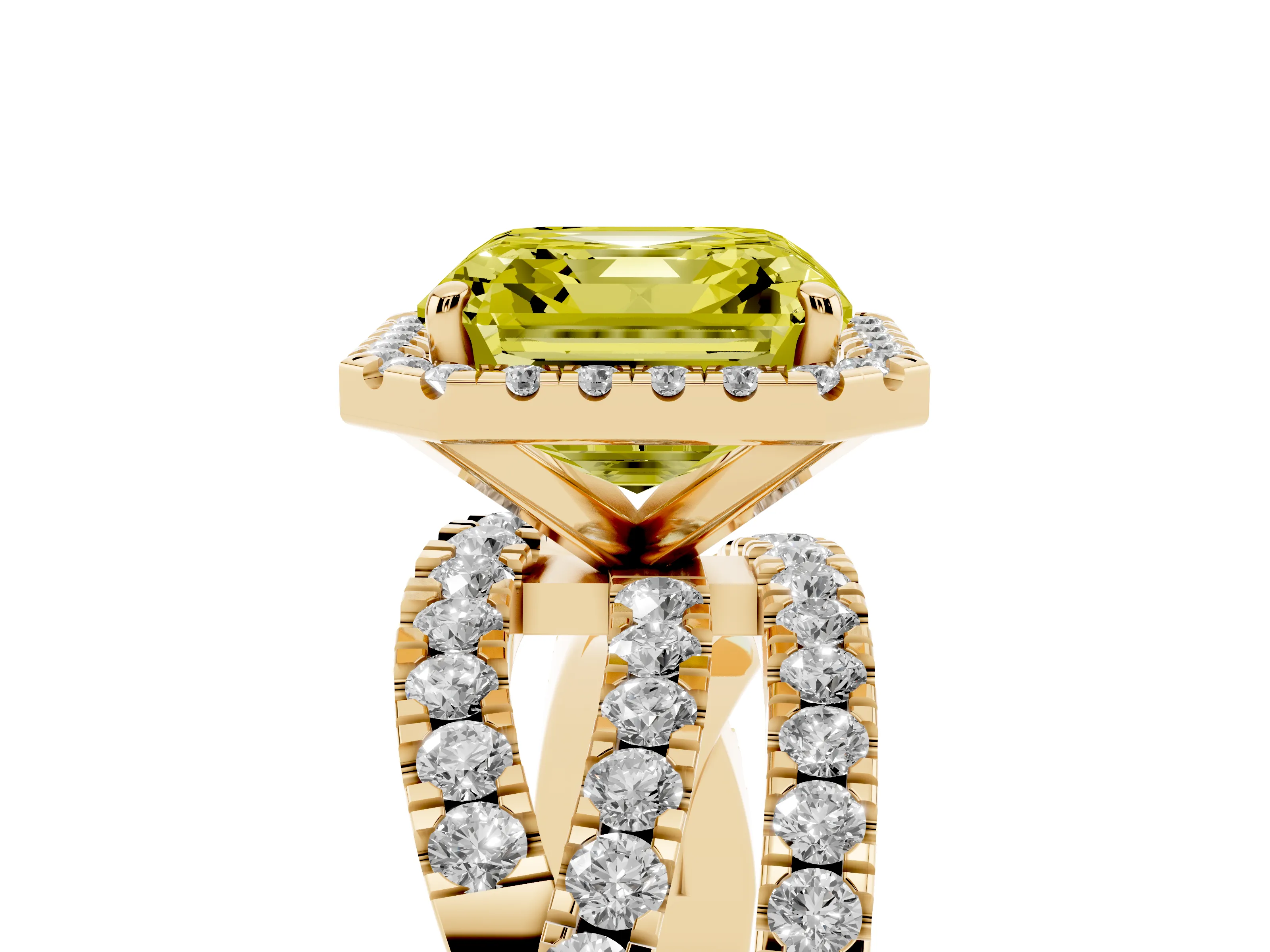 Fancy Yellow Asscher Cut Diamond Halo Ring Set in Yellow gold with Round Crossover Split Shank and Prong Setting