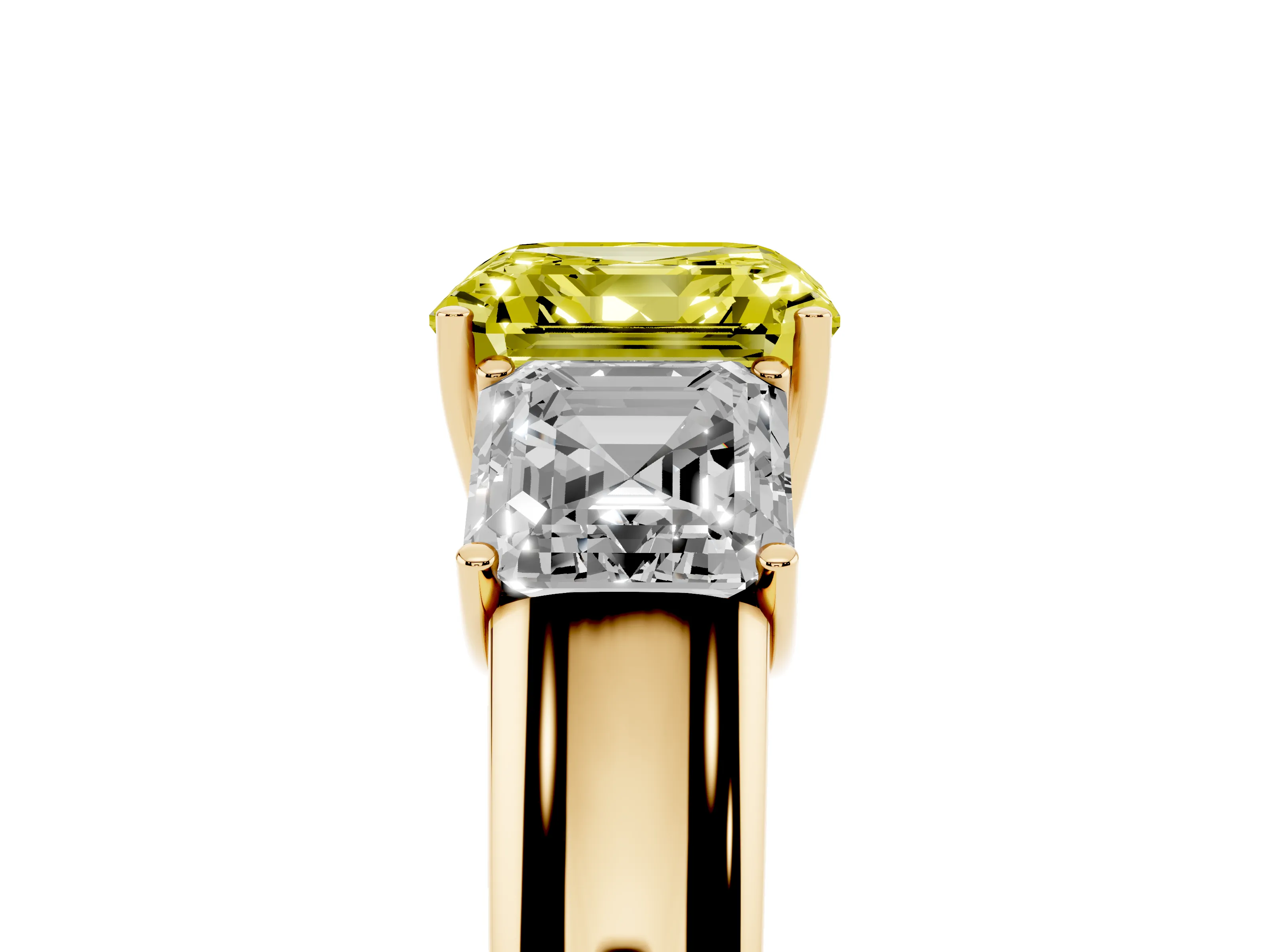 Fancy Yellow Three-Stone Asscher Cut Diamond Ring Set in Yellow gold with Matching Prong Settings and Plain Band