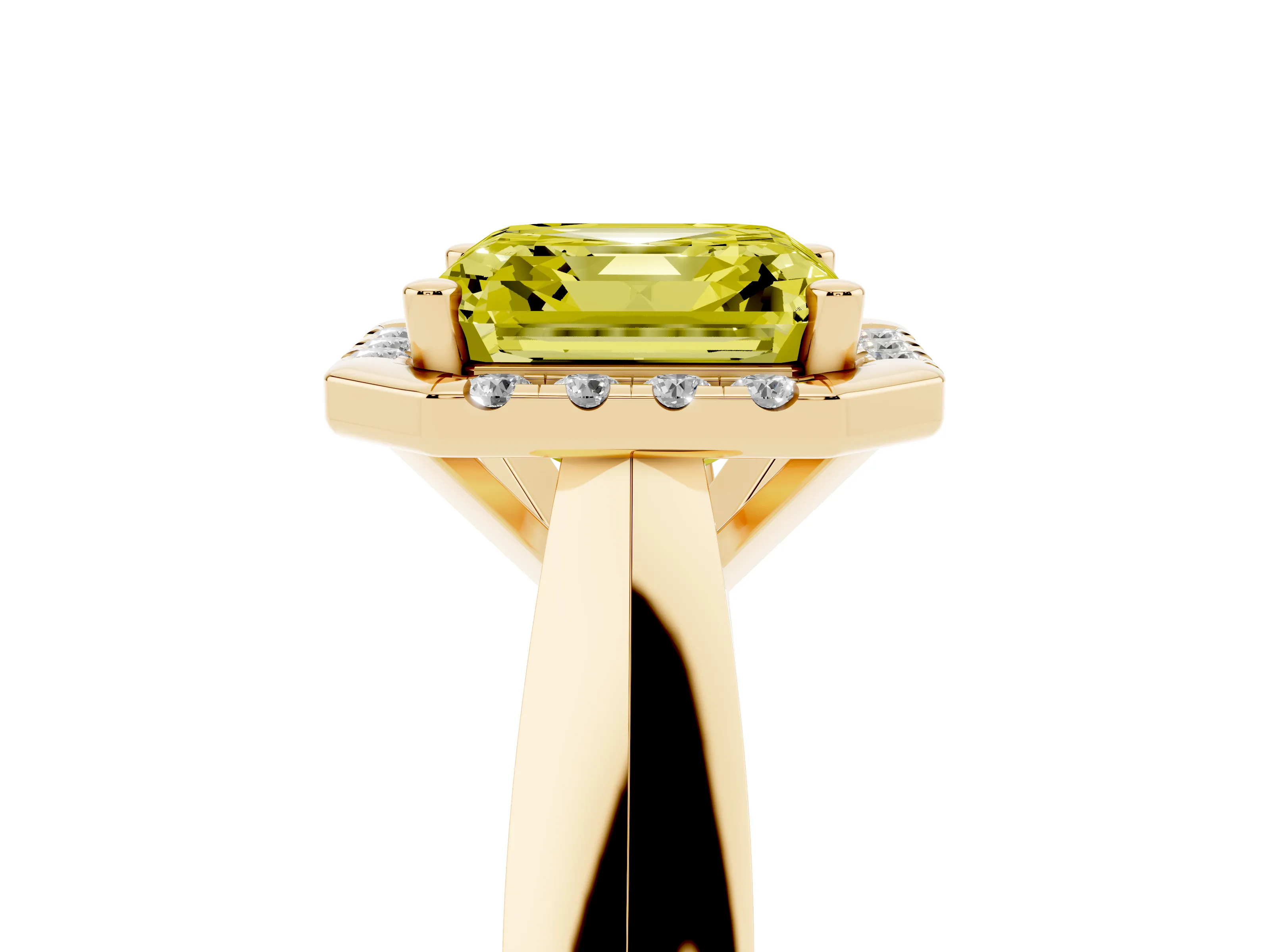 Fancy Yellow Asscher Cut Diamond Halo Solitaire Engagement Ring Set in Yellow gold with Square Band and Prong Setting