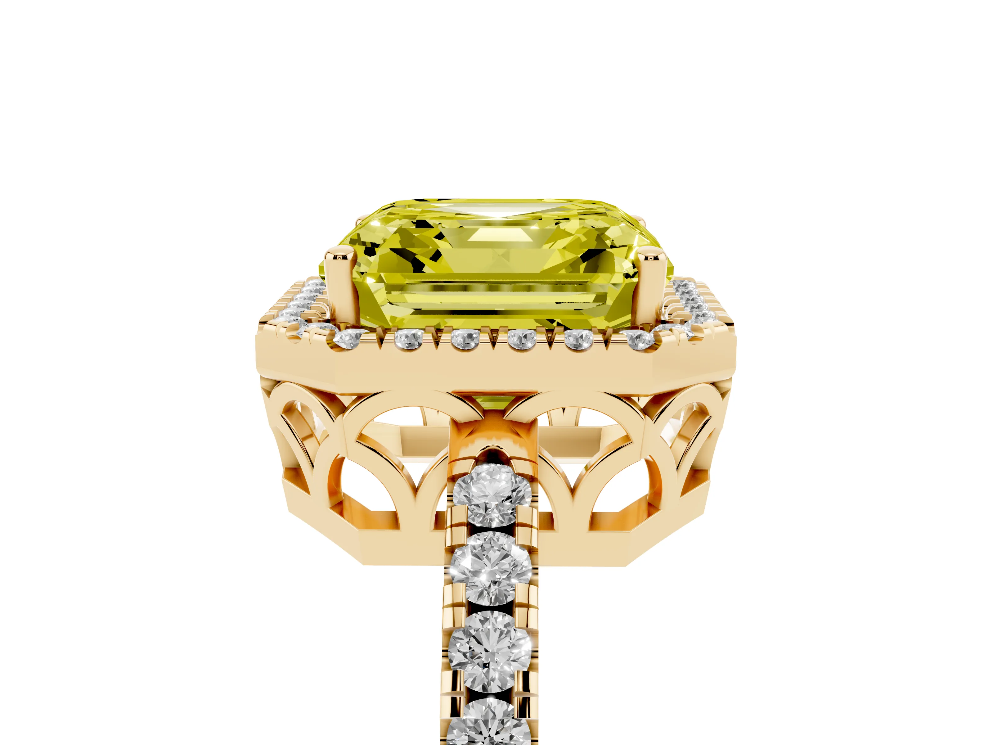 Fancy Yellow Asscher Cut Diamond Pavé Band Halo Engagement Ring Set in Yellow gold with Prong Setting