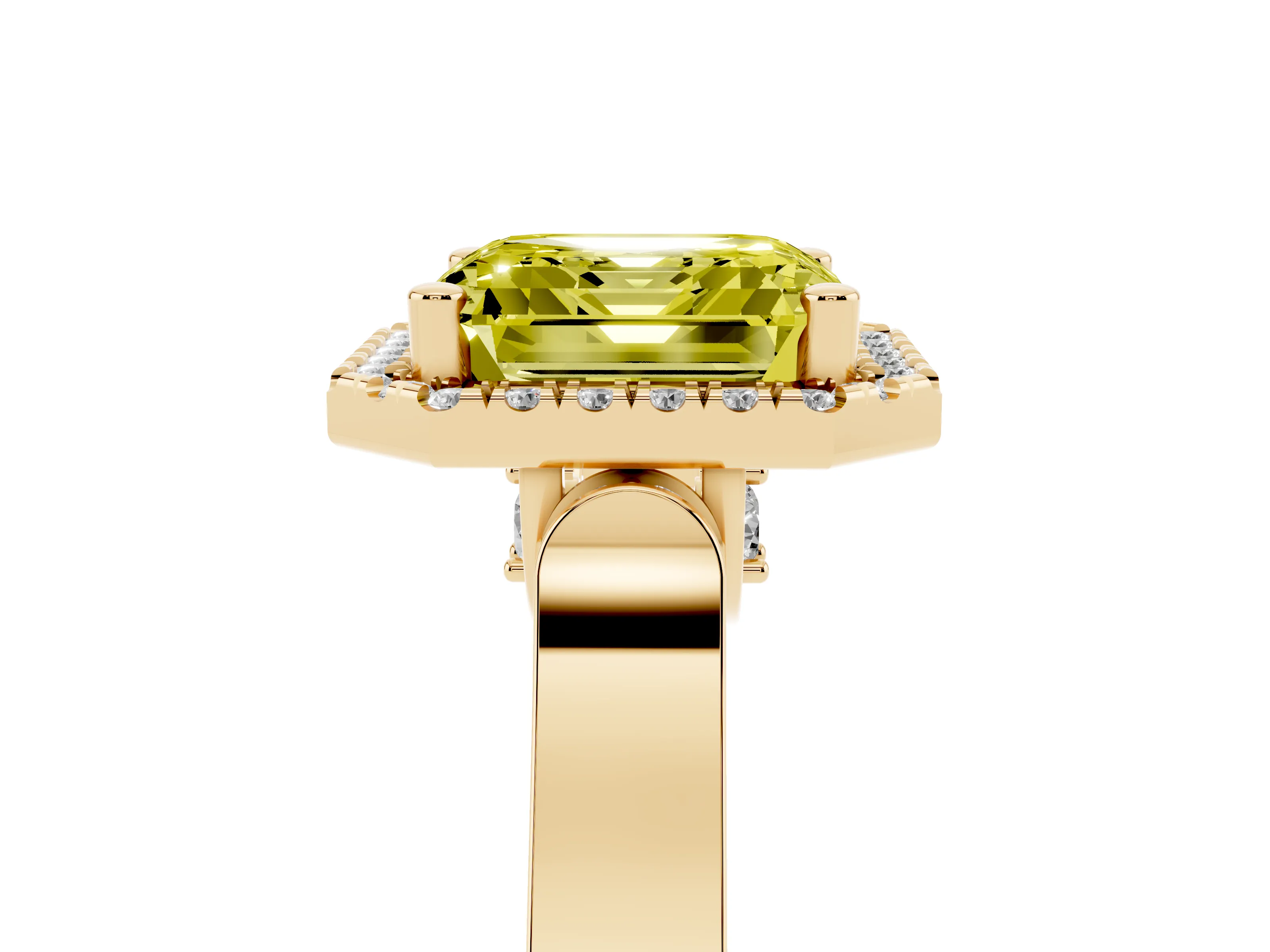 Fancy Yellow Asscher Cut Diamond Halo Ring Set in Yellow gold with Pavé-Lined Split Shank Band