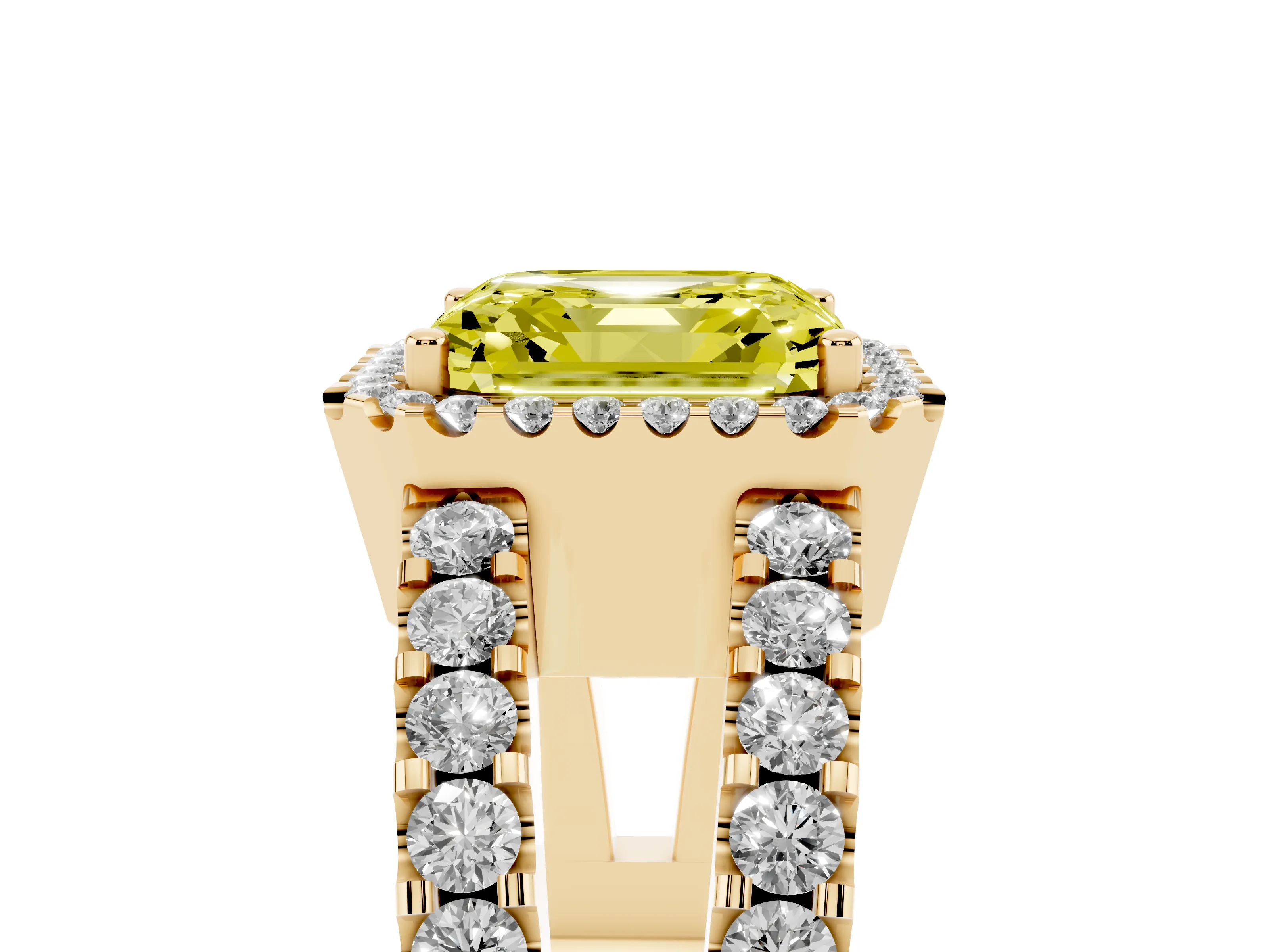 Fancy Yellow Asscher Cut Diamond Halo Ring Set in Yellow gold with Pavé Split Shank and Prong Setting