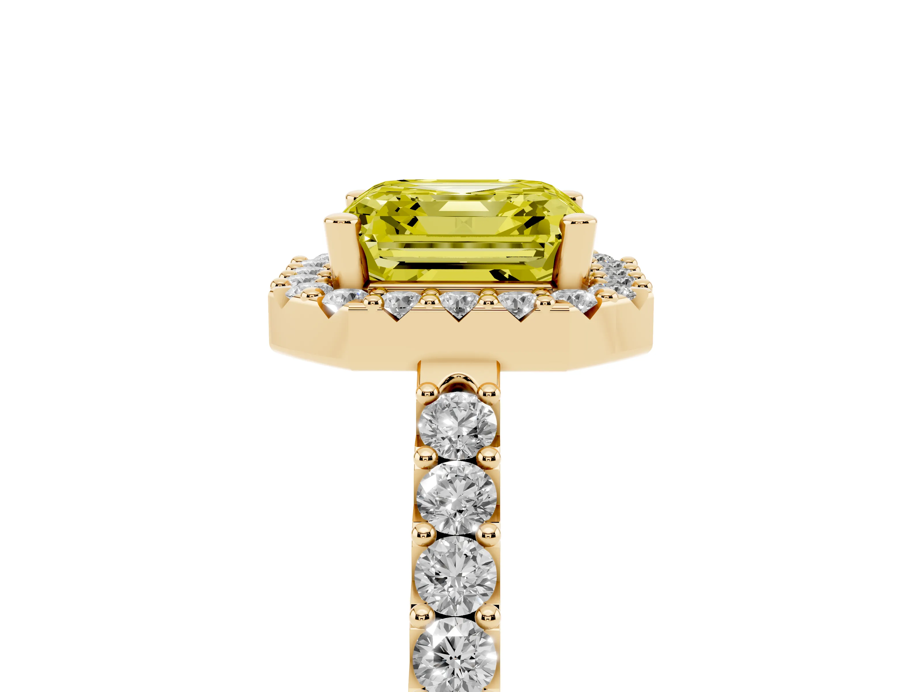 Fancy Yellow Asscher Cut Diamond Halo Pavé Solitaire Ring Set in Yellow gold with Prong-Set Center Stone