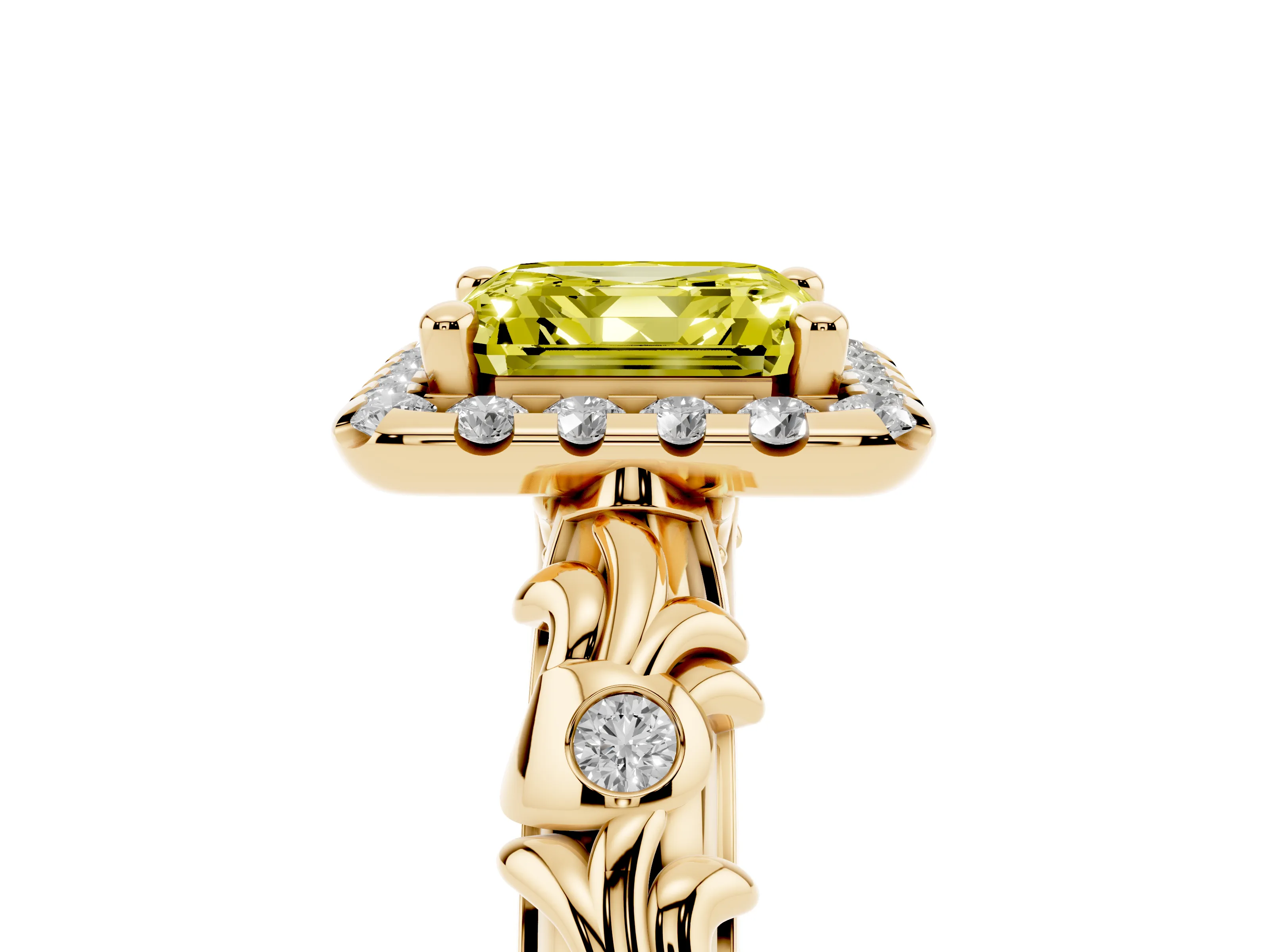 Fancy Yellow Asscher Cut Diamond Halo Ring Set in Yellow gold with Filigree Leaf Band and Prong Setting