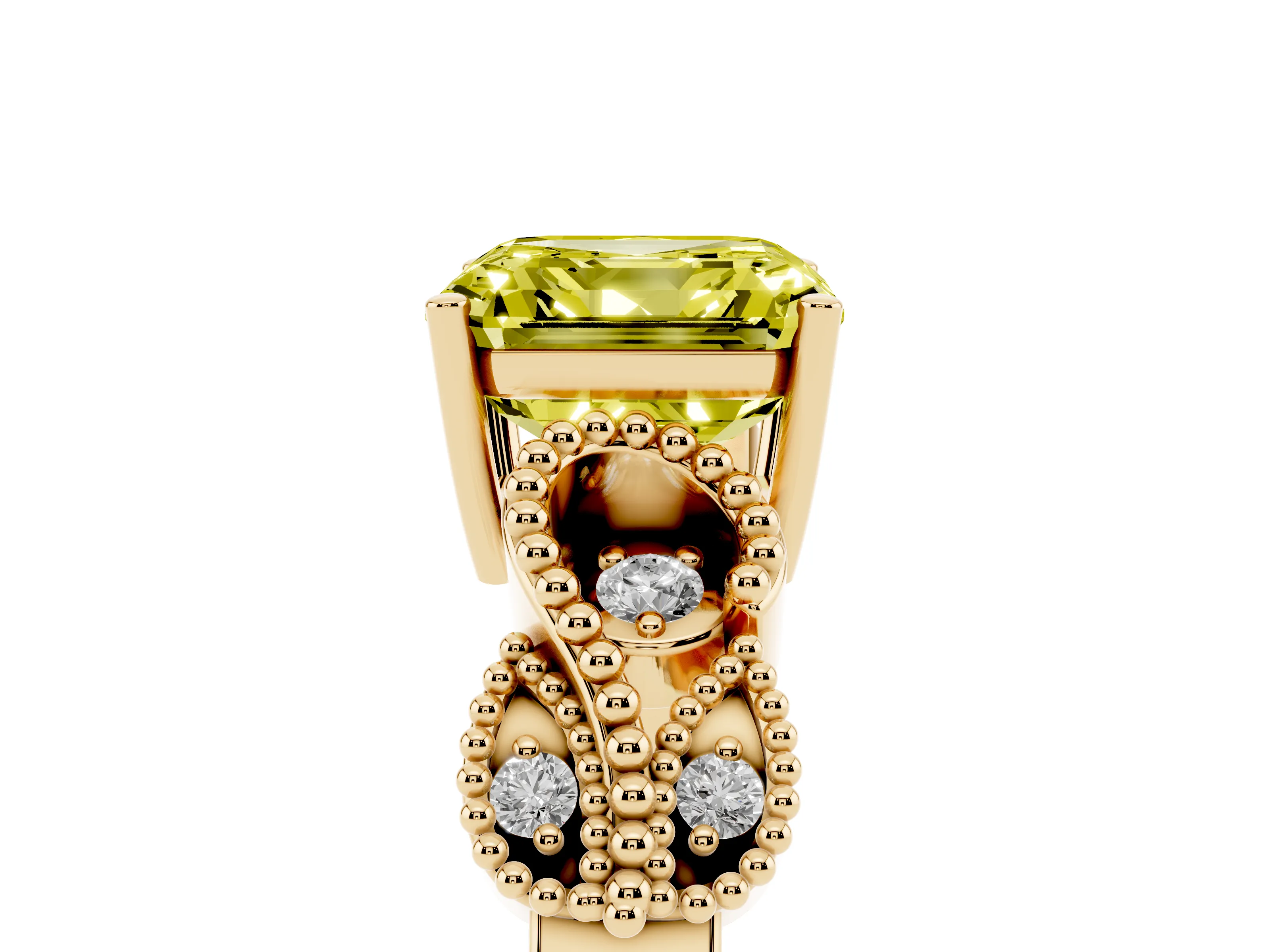 Fancy Yellow Asscher Cut Diamond Milgrain Leaf Band Solitaire Ring Set in Yellow gold with Accent Stones and Prong Setting