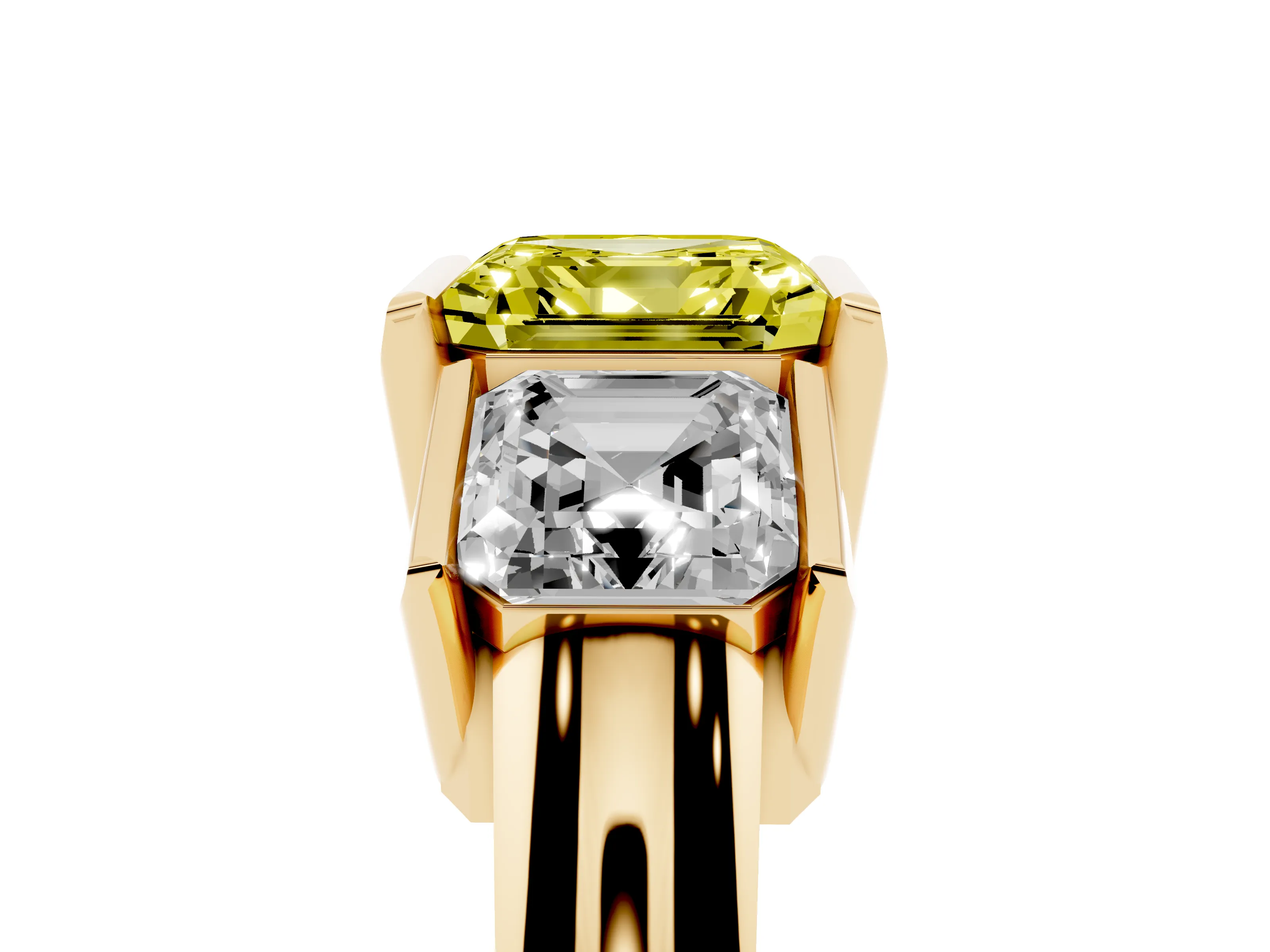 Fancy Yellow Asscher Cut Diamond Three-Stone Channel Set Ring Set in Yellow gold with Smooth Polished Band
