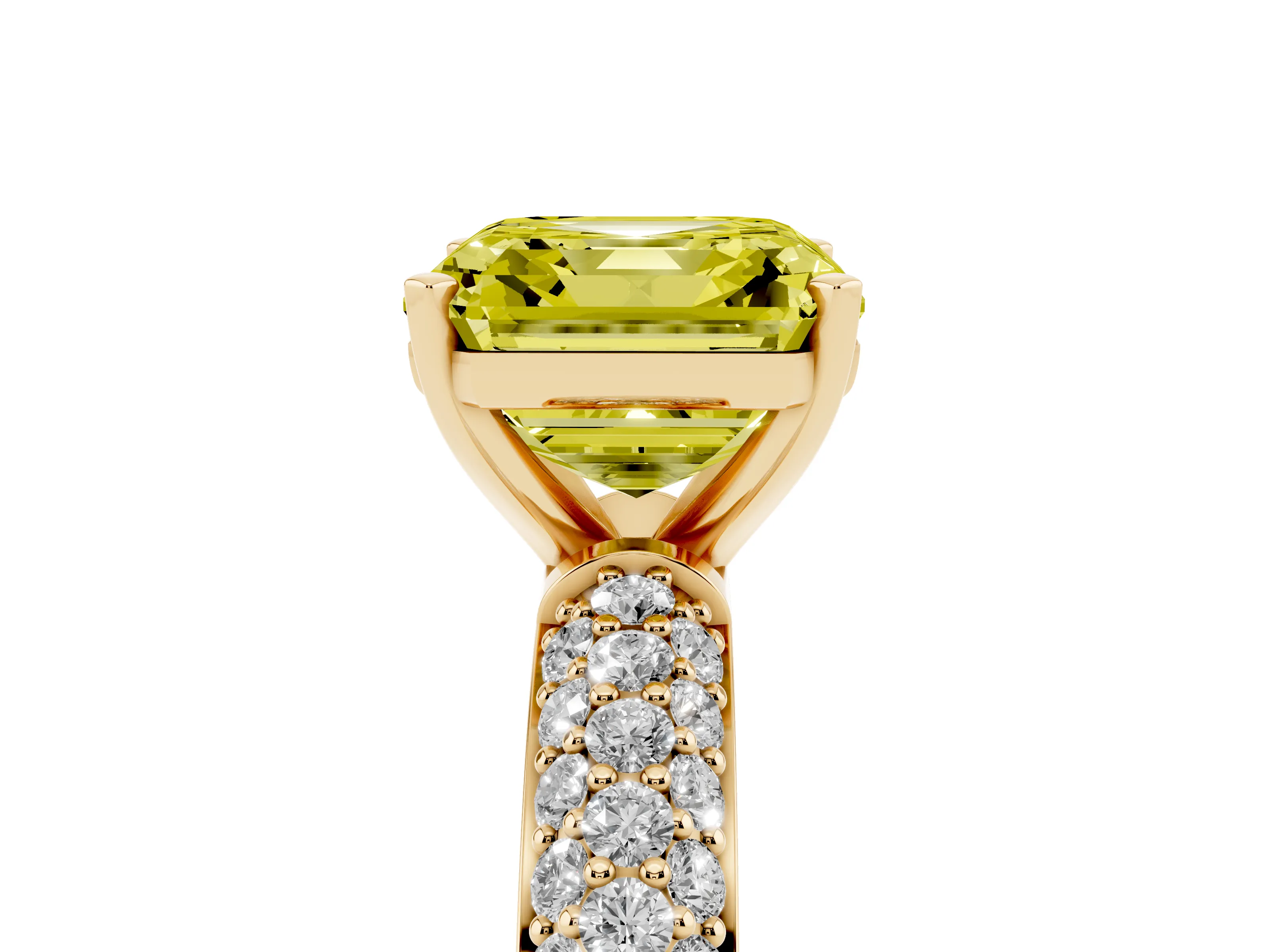 Fancy Yellow Asscher Cut Diamond Solitaire Ring Set in Yellow gold with Prong Setting and Pavé-Set Band