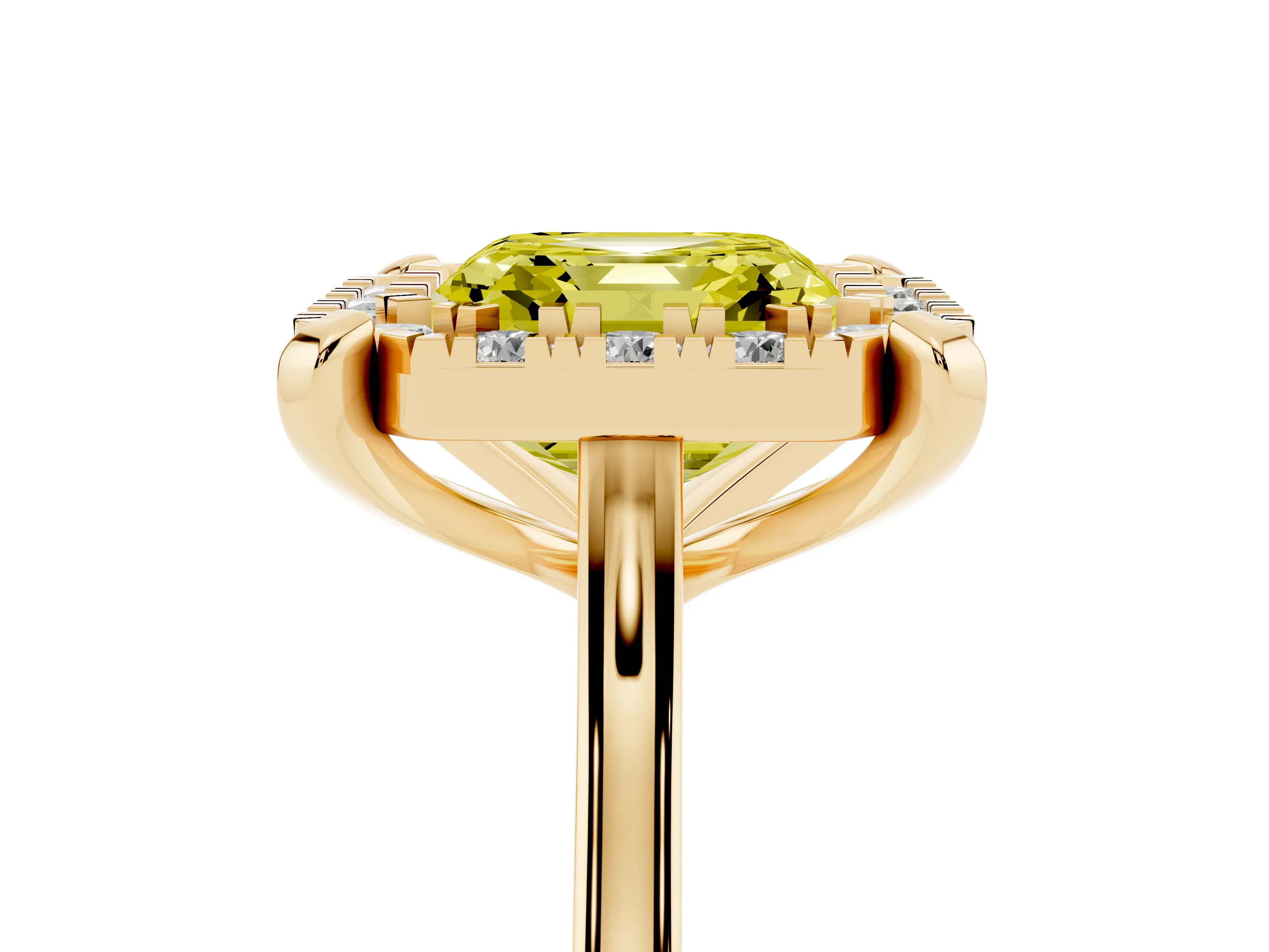 Fancy Yellow Asscher Cut Diamond Cluster Halo Solitaire Ring Set in Yellow gold with Prong Setting