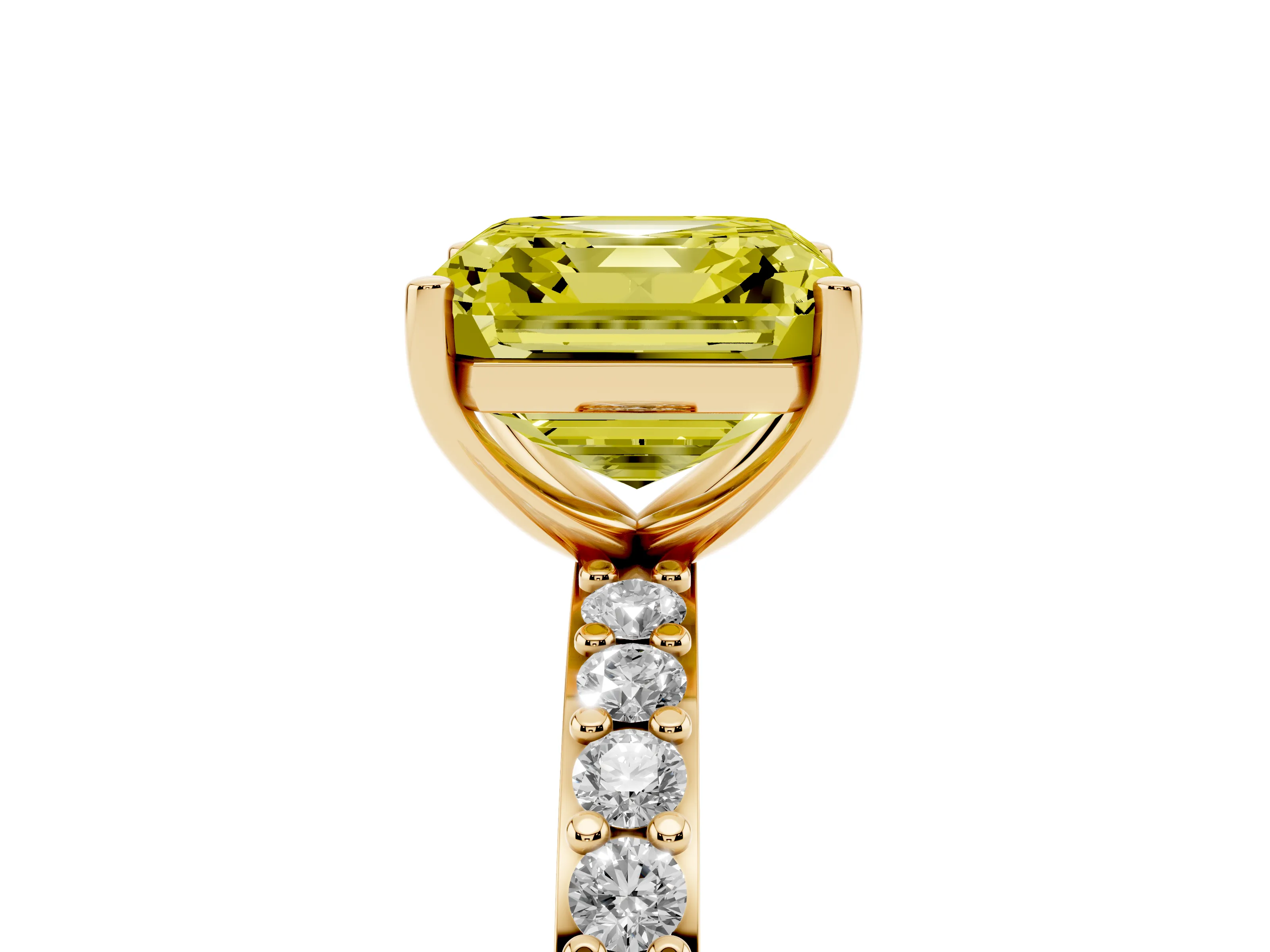 Fancy Yellow Asscher Cut Diamond Solitaire Set in Yellow gold with Round Pavé Band and Prong Setting