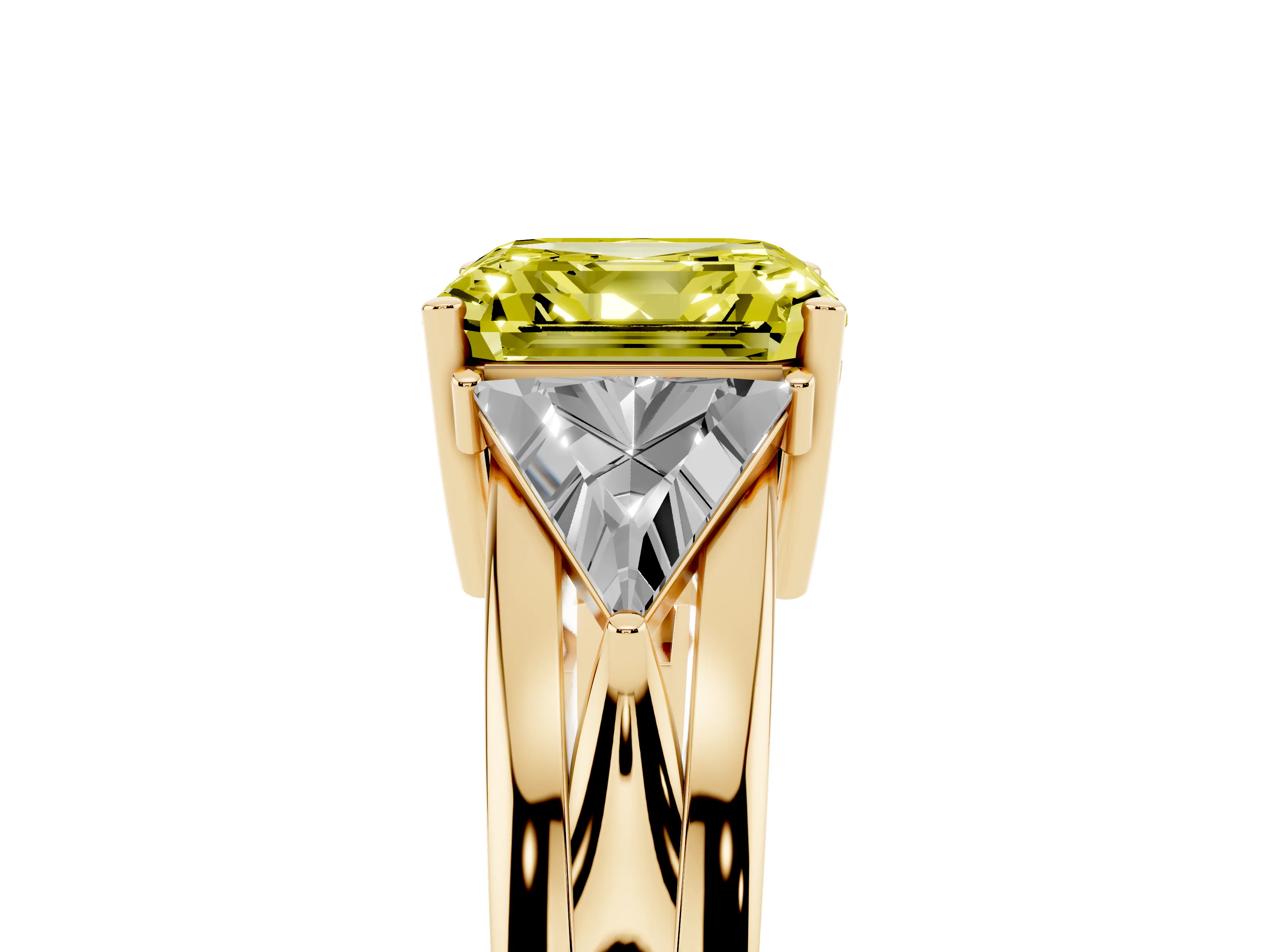 Fancy Yellow Asscher Cut Diamond Three-Stone Ring Set in Yellow gold with Trillion Side Stones and Split Shank