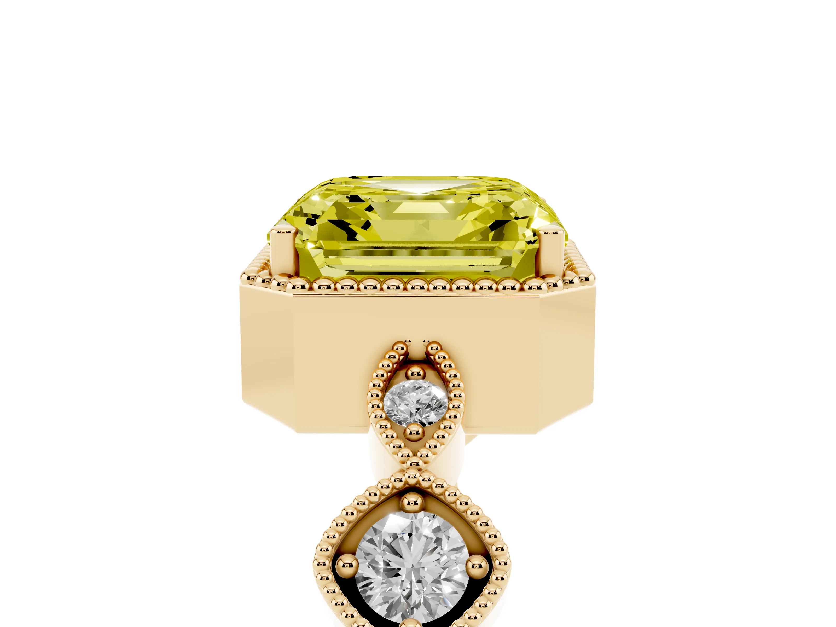 Fancy Yellow Asscher Cut Diamond Vintage-Inspired Milgrain Ring Set in Yellow gold with Marquise Stations of Round Accents