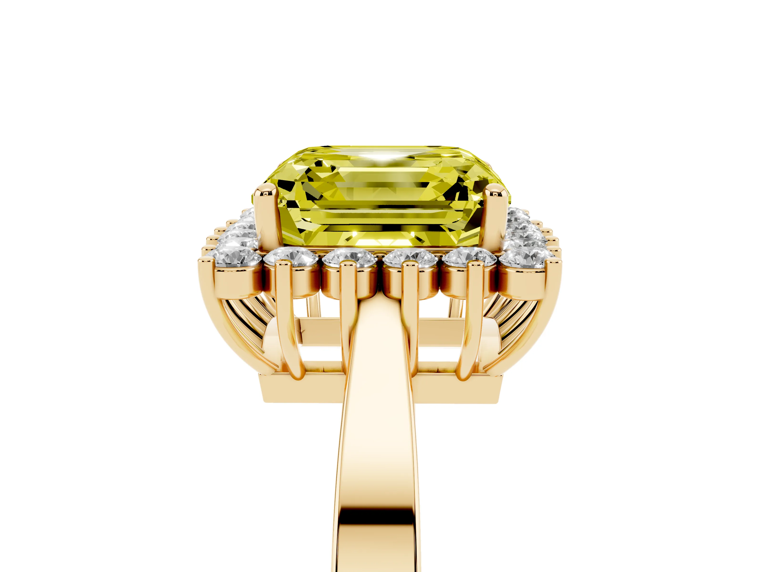 Fancy Yellow Asscher Cut Diamond Halo Ring Set in Yellow gold with Round Halo and Smooth Solitaire Band
