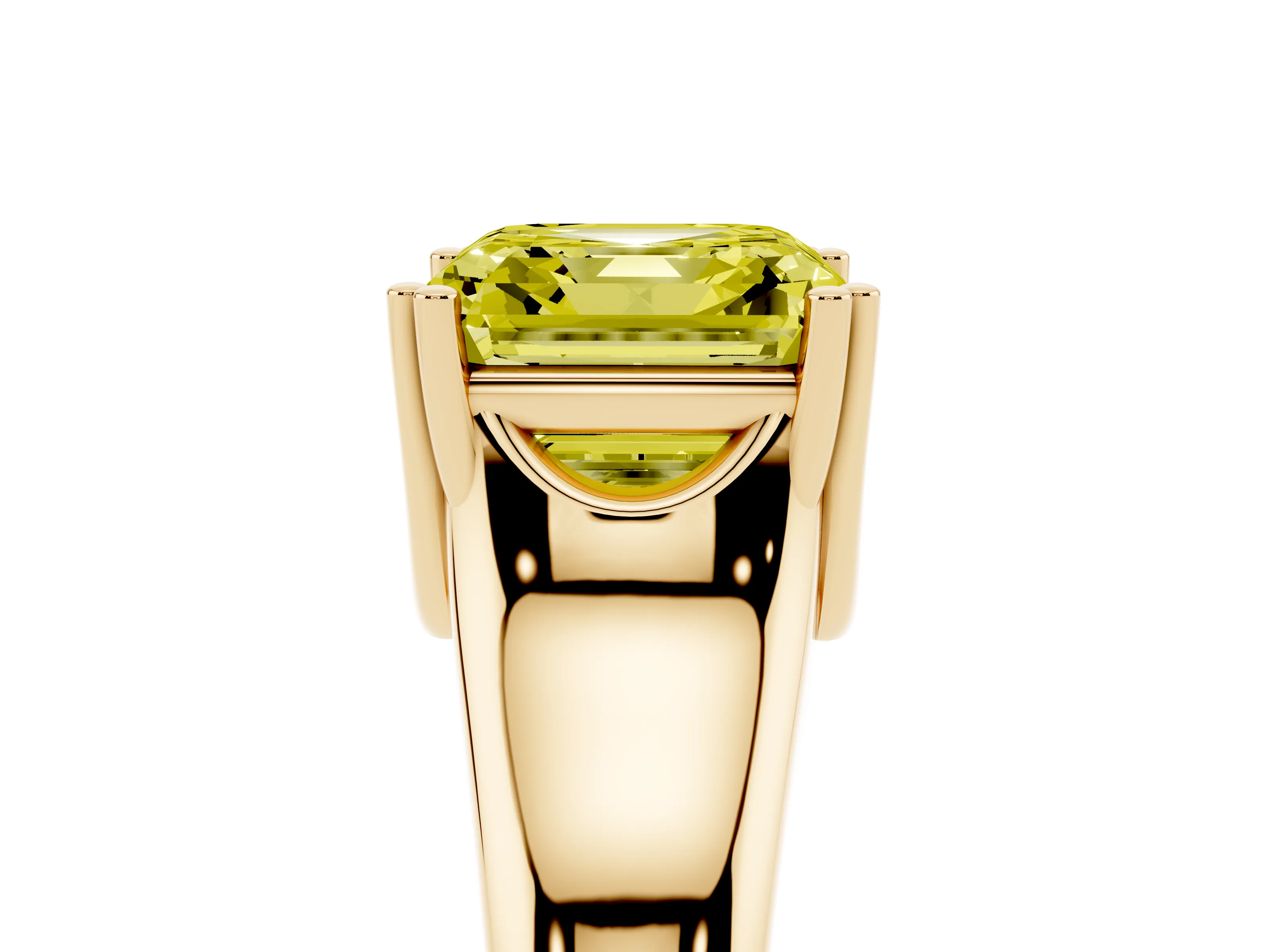 Fancy Yellow Asscher Cut Diamond Solitaire Ring Set in Yellow gold with Wide Band and Prong Setting