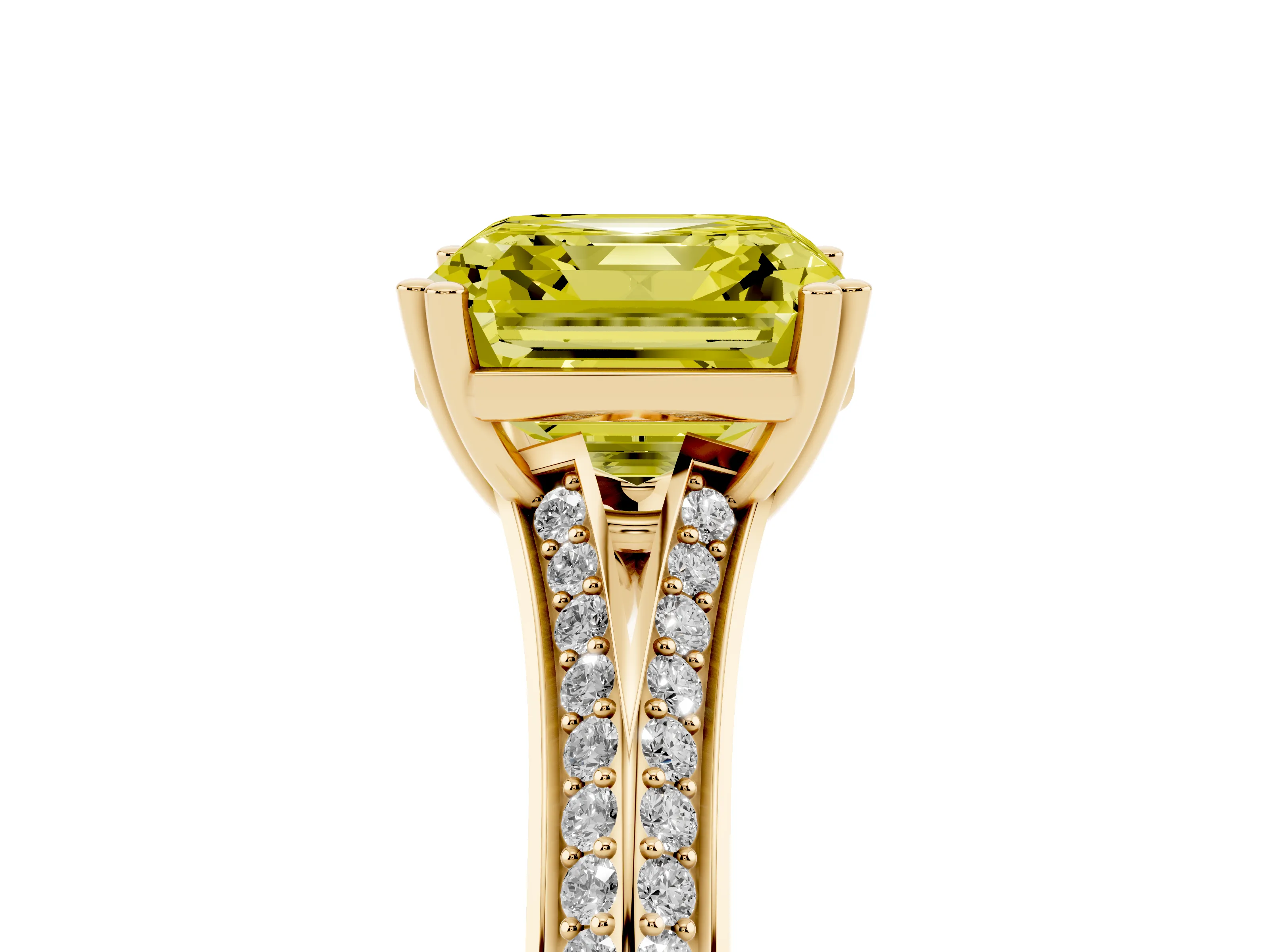 Fancy Yellow Asscher Cut Diamond Split Shank Pavé Engagement Ring Set in Yellow gold with Prong-Set Center Stone