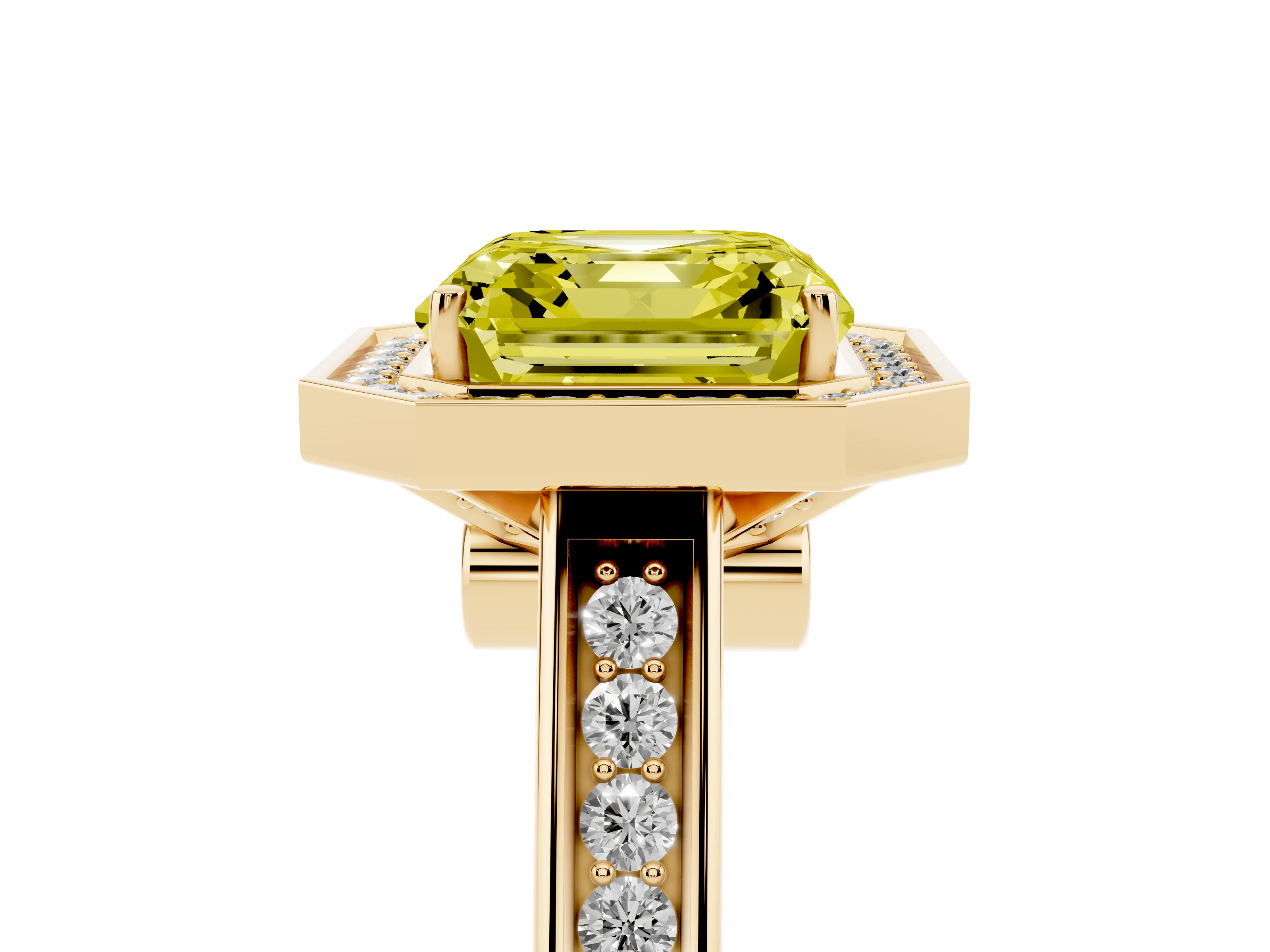 Fancy Yellow Asscher Cut Diamond Halo Solitaire Ring Set in Yellow gold with Pavé Band and Bezel Setting