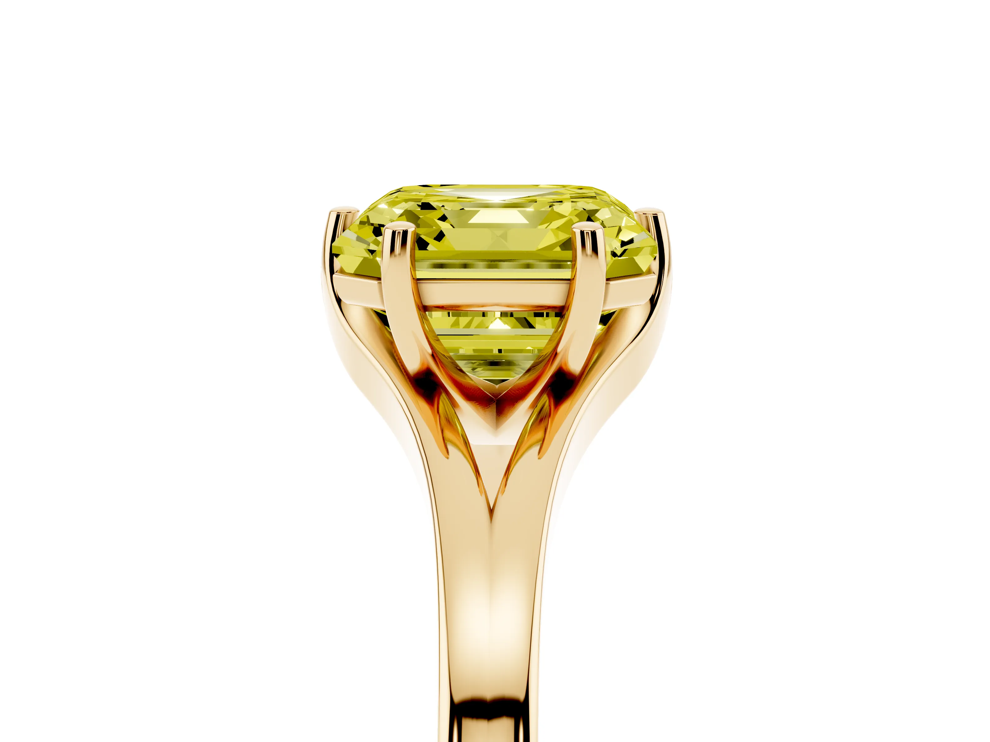 Fancy Yellow Asscher Cut Diamond Solitaire Ring Set in Yellow gold with Polished Tapered Band and Prong Setting