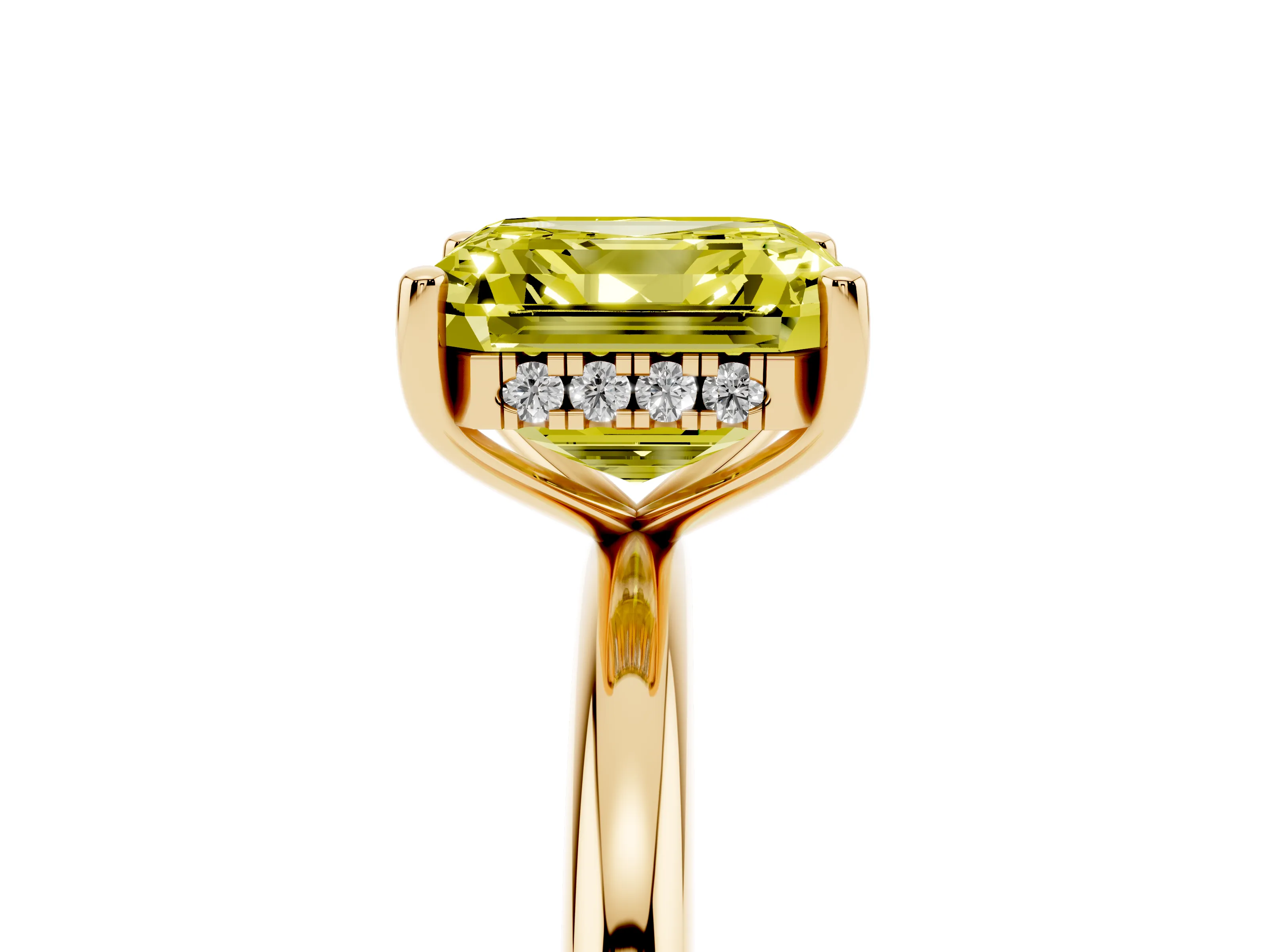 Fancy Yellow Asscher Cut Diamond Solitaire Engagement Ring Set in Yellow gold with Prong Setting and Polished Band