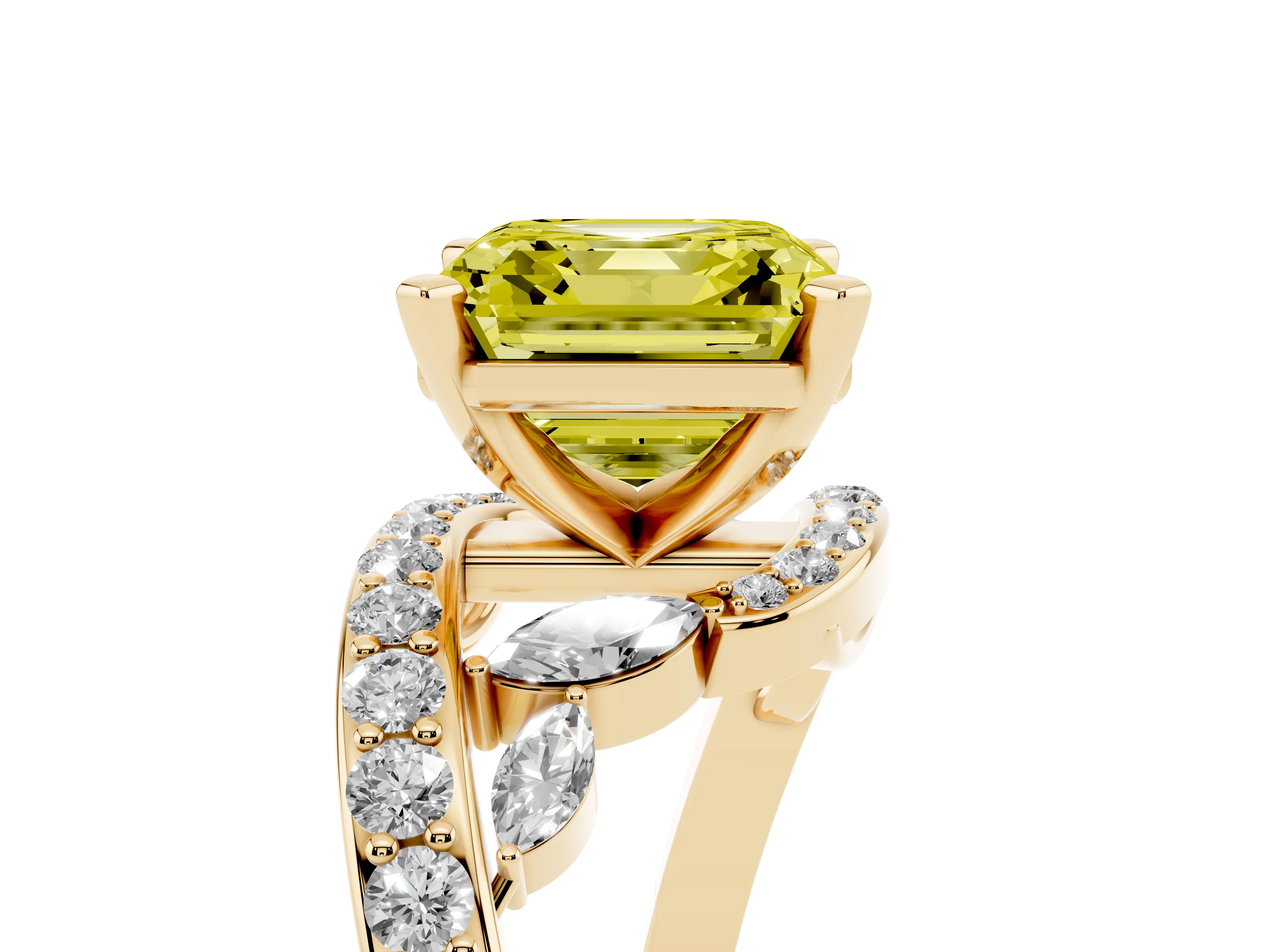 Fancy Yellow Asscher Cut Diamond Solitaire Ring Set in Yellow gold with Pavé Twist Band and Secure Prong Setting