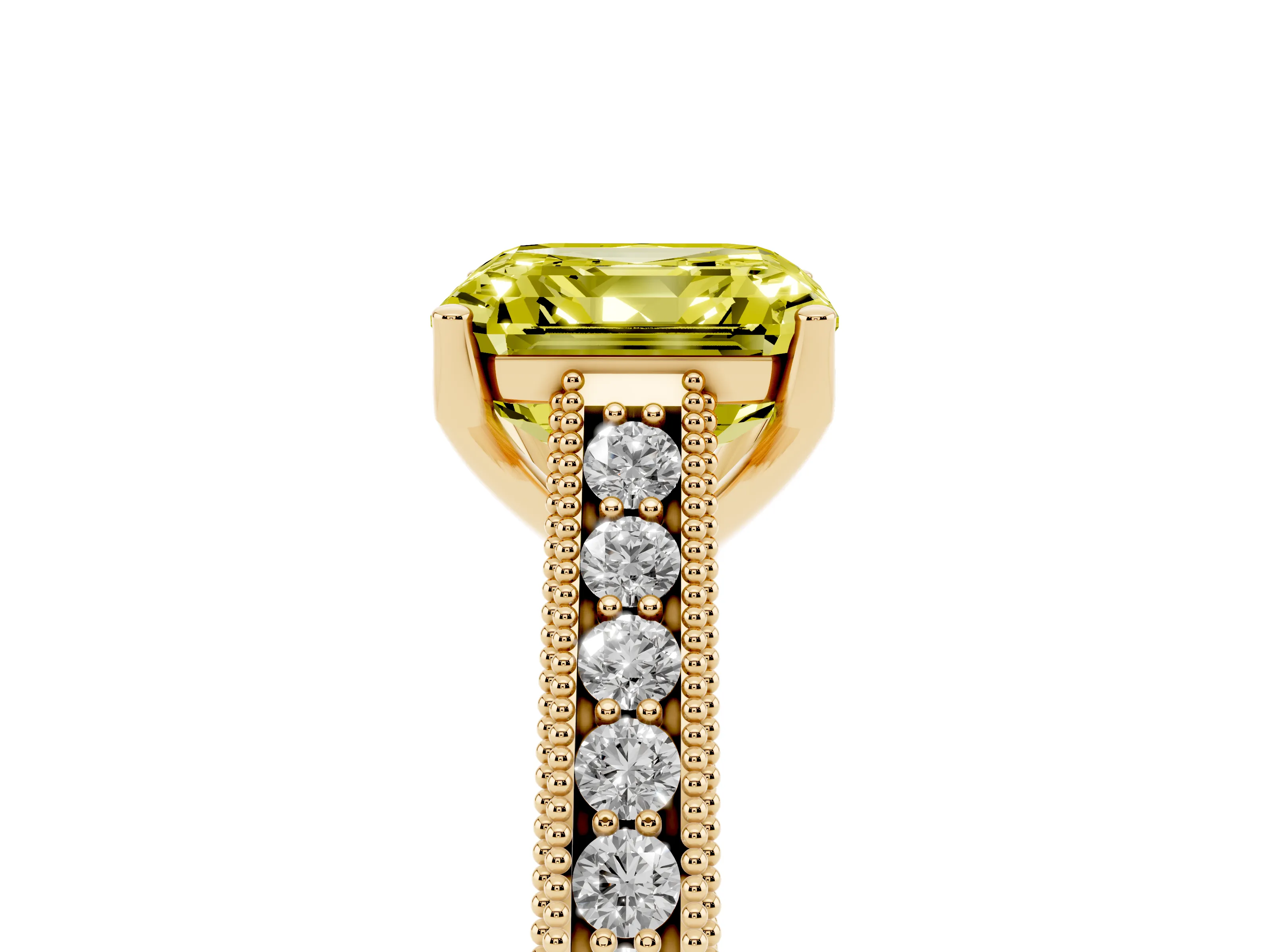 Fancy Yellow Asscher Cut Diamond Milgrain Pavé Band Solitaire Ring Set in Yellow gold with Prong Setting