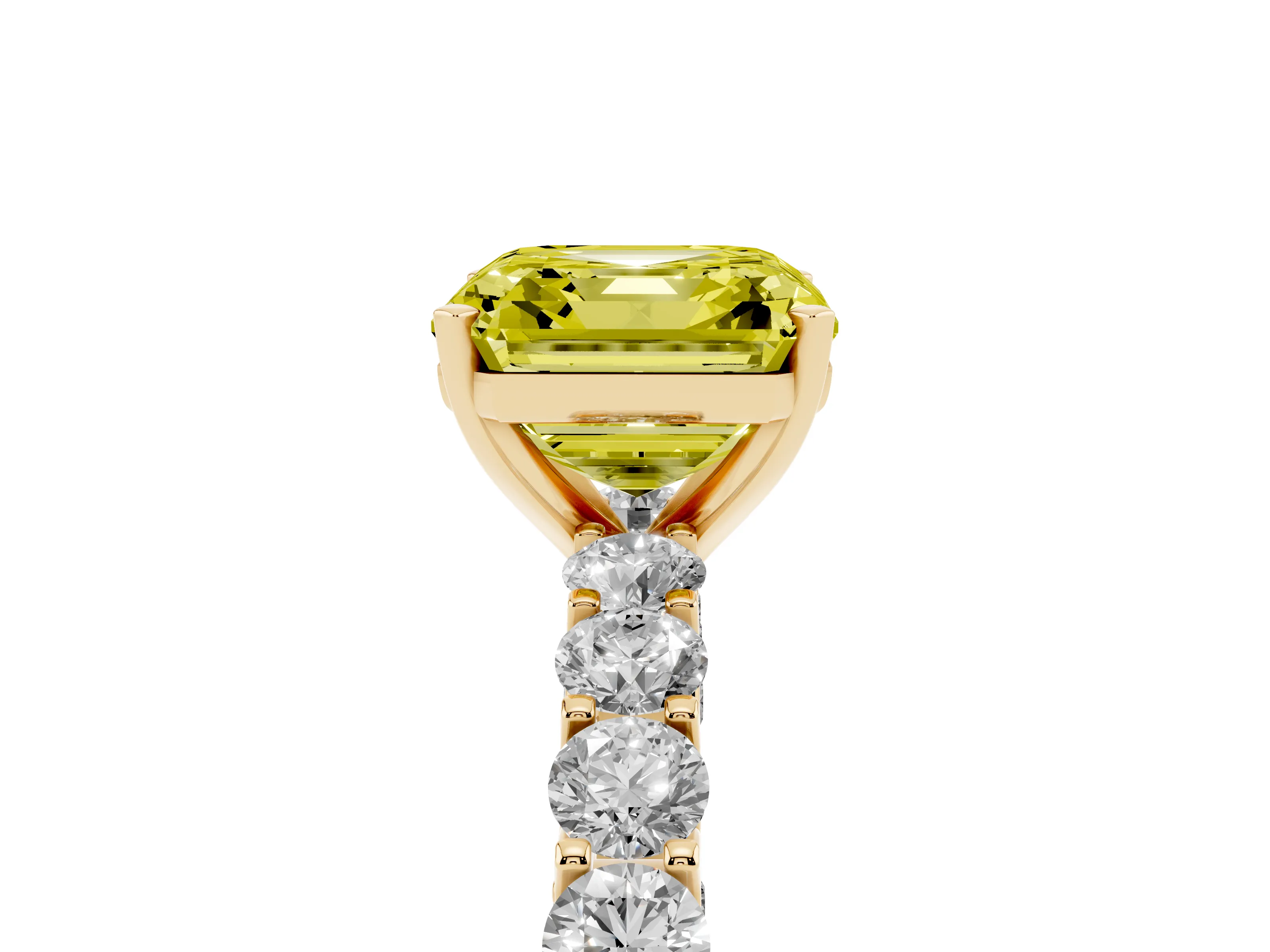 Fancy Yellow Asscher Cut Diamond Solitaire Ring Set in Yellow gold with Shared Prong Pavé Band