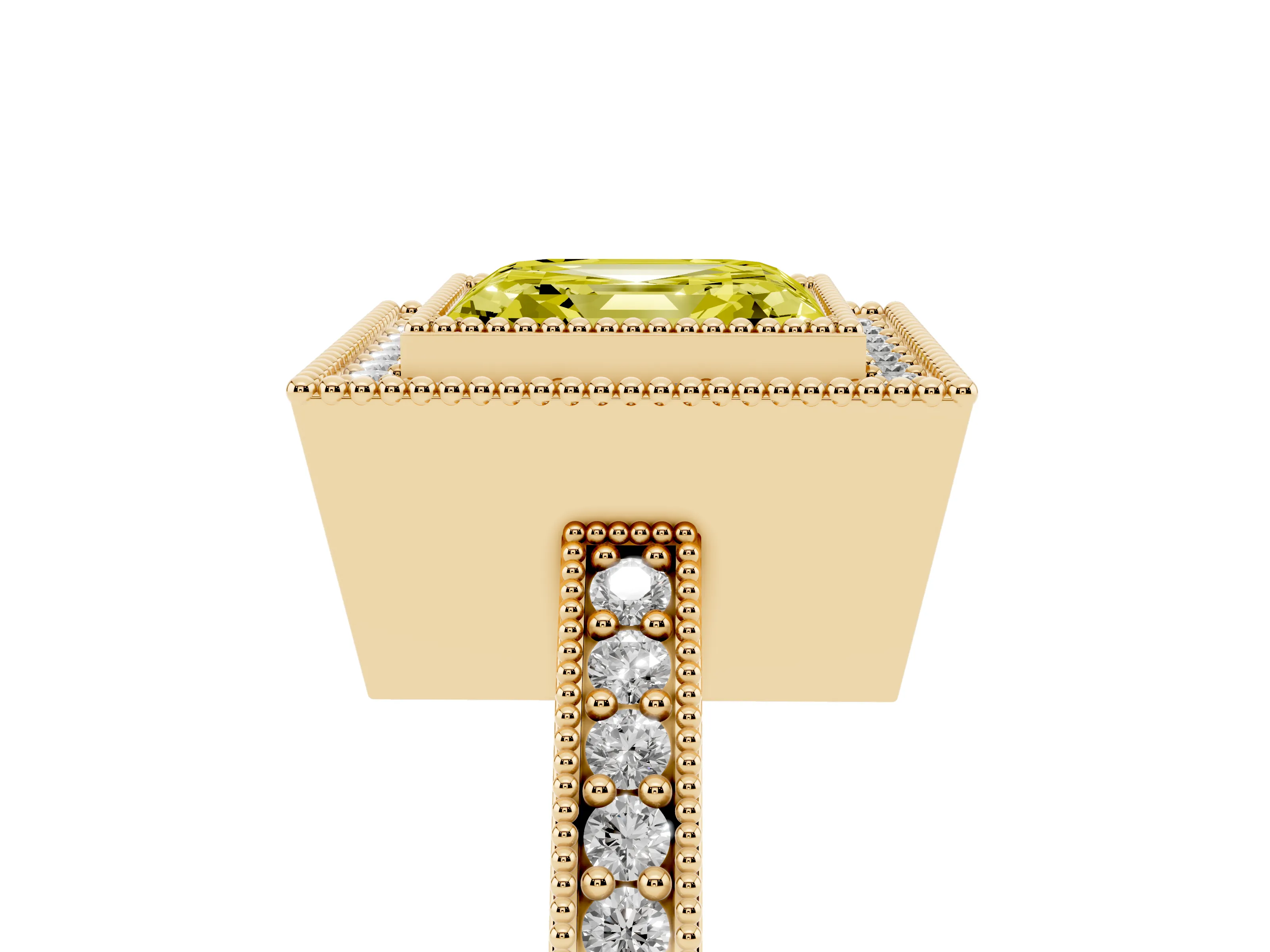 Fancy Yellow Asscher Cut Diamond Halo Engagement Ring Set in Yellow gold with Pavé Band and Round Halo Stones