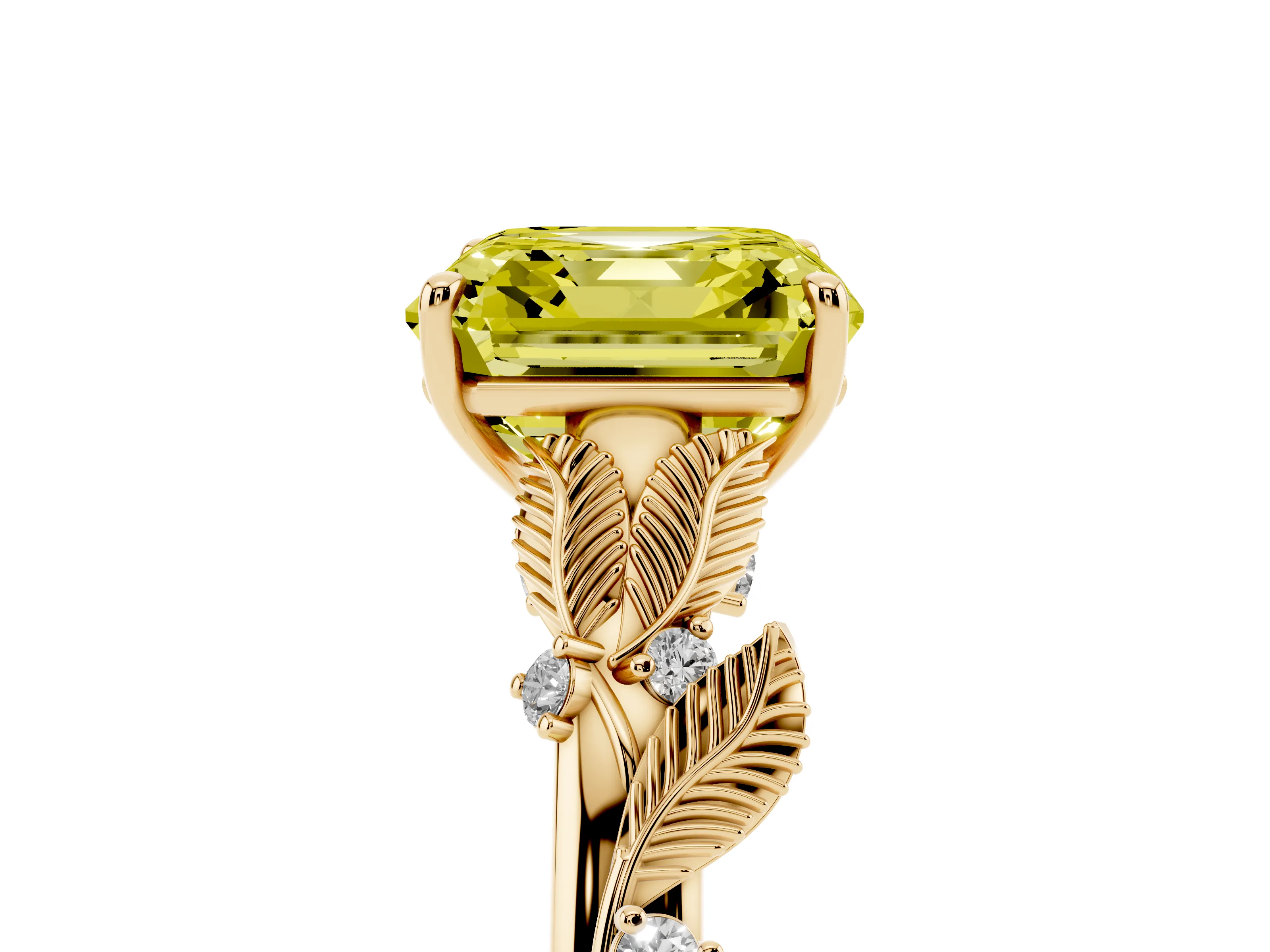 Fancy Yellow Asscher Cut Diamond Solitaire Ring Set in Yellow gold with Leaf Motif Band