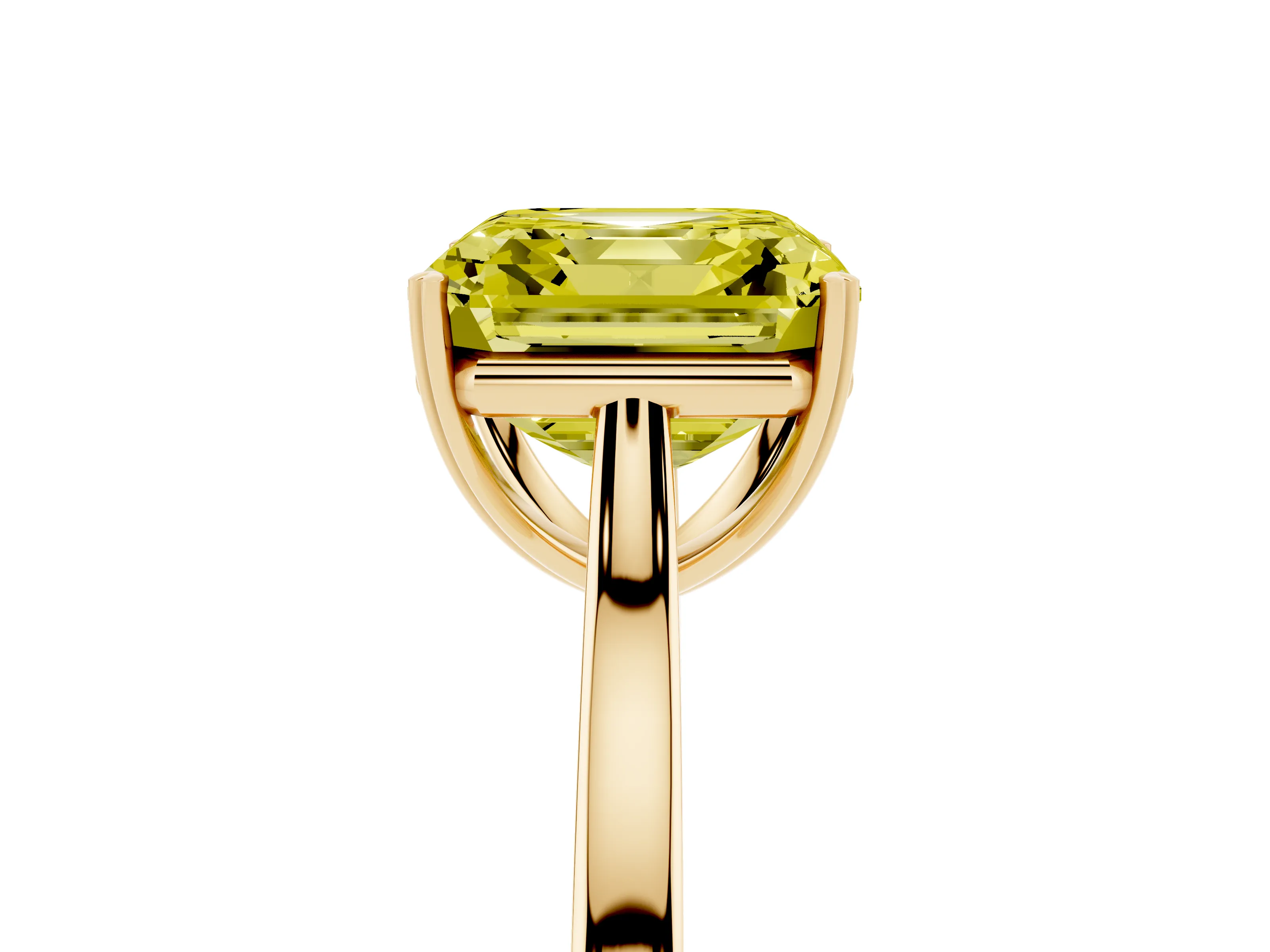 Fancy Yellow Asscher Cut Diamond Solitaire Heart Prong Engagement Ring Set in Yellow gold with Tapered Band