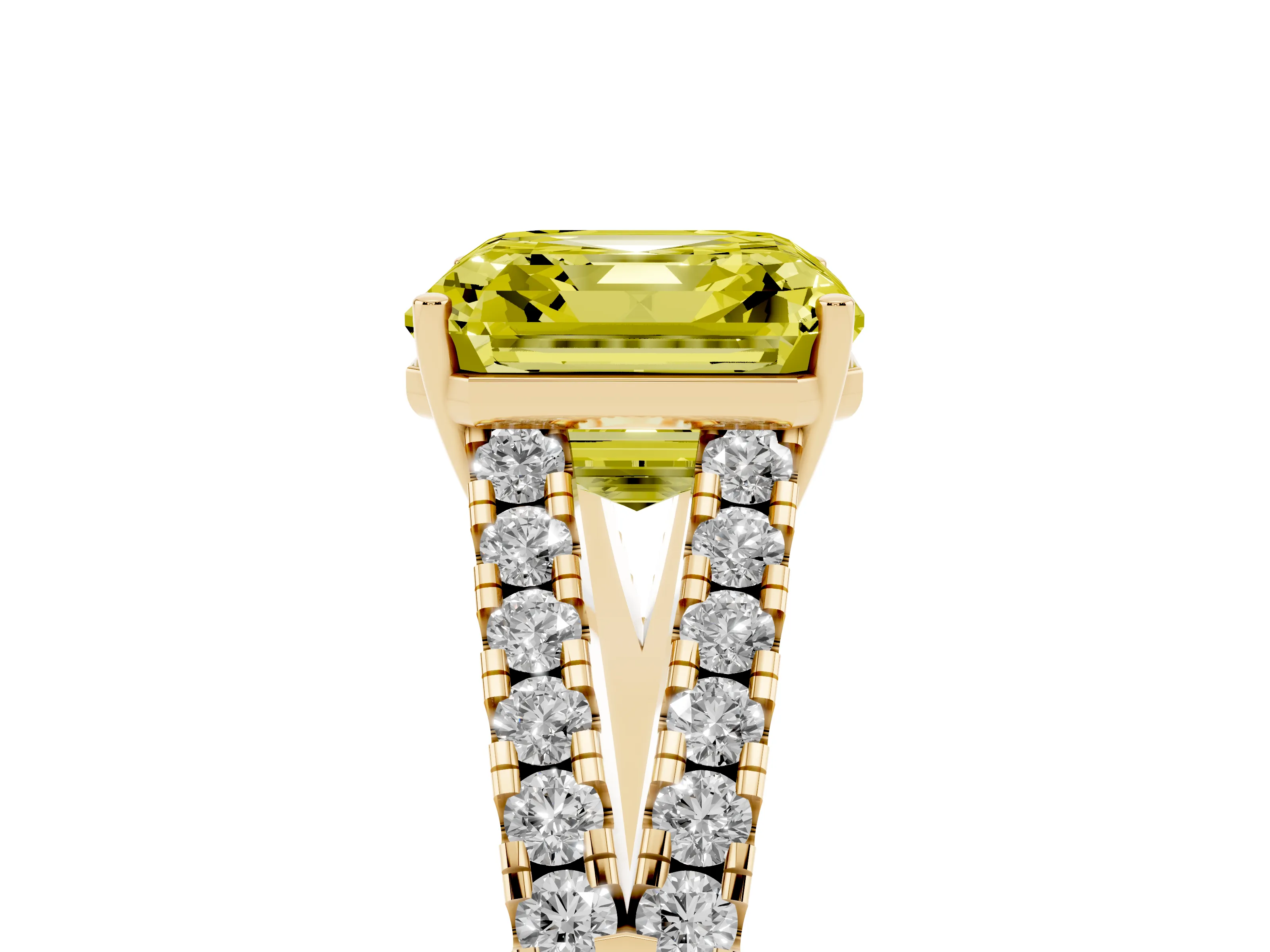 Fancy Yellow Asscher Cut Diamond Split Shank Engagement Ring Set in Yellow gold with Round Pavé and Prong Setting