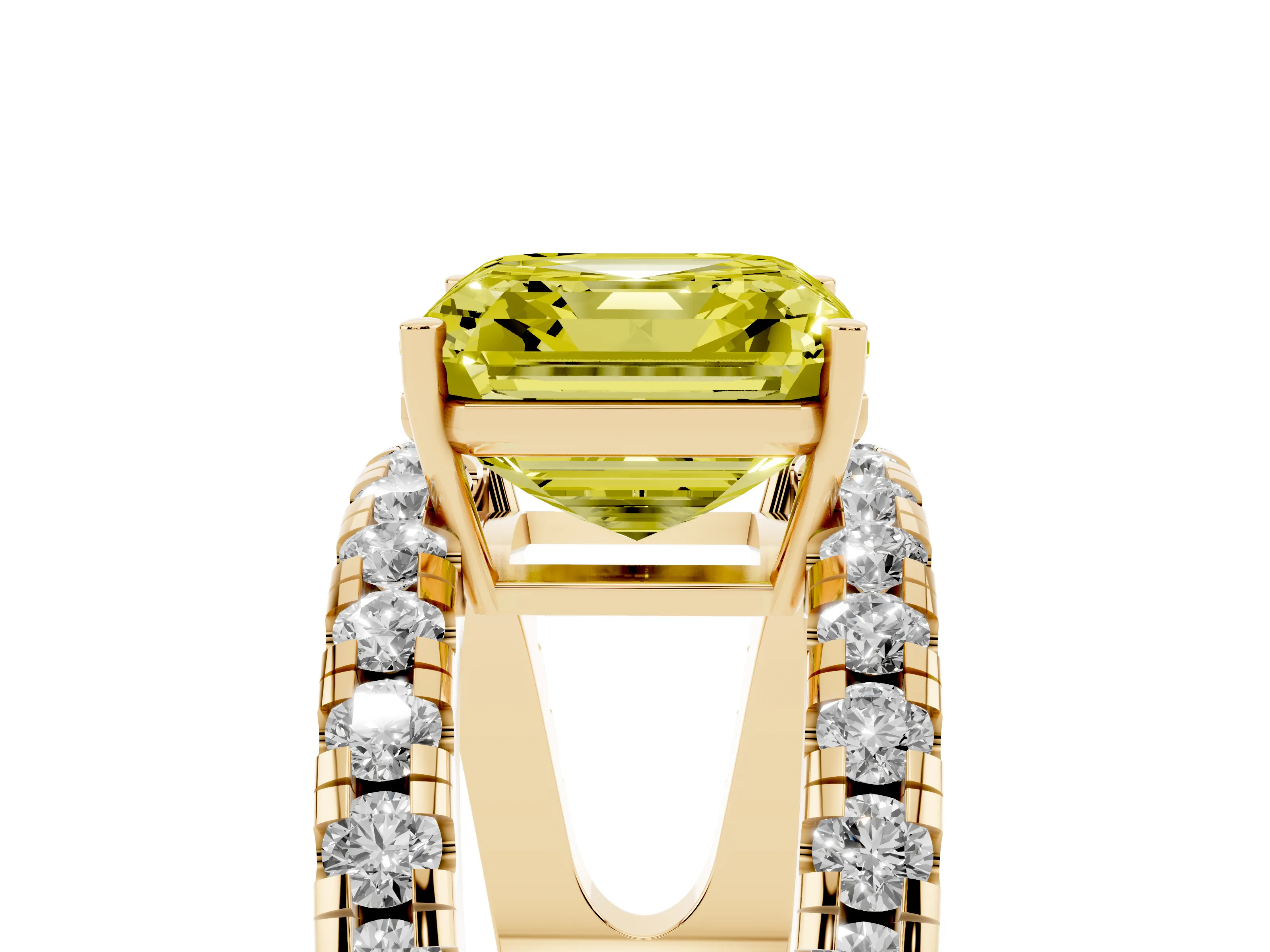 Fancy Yellow Asscher Cut Diamond Split Shank Pavé Solitaire Ring Set in Yellow gold with Open Shank Design