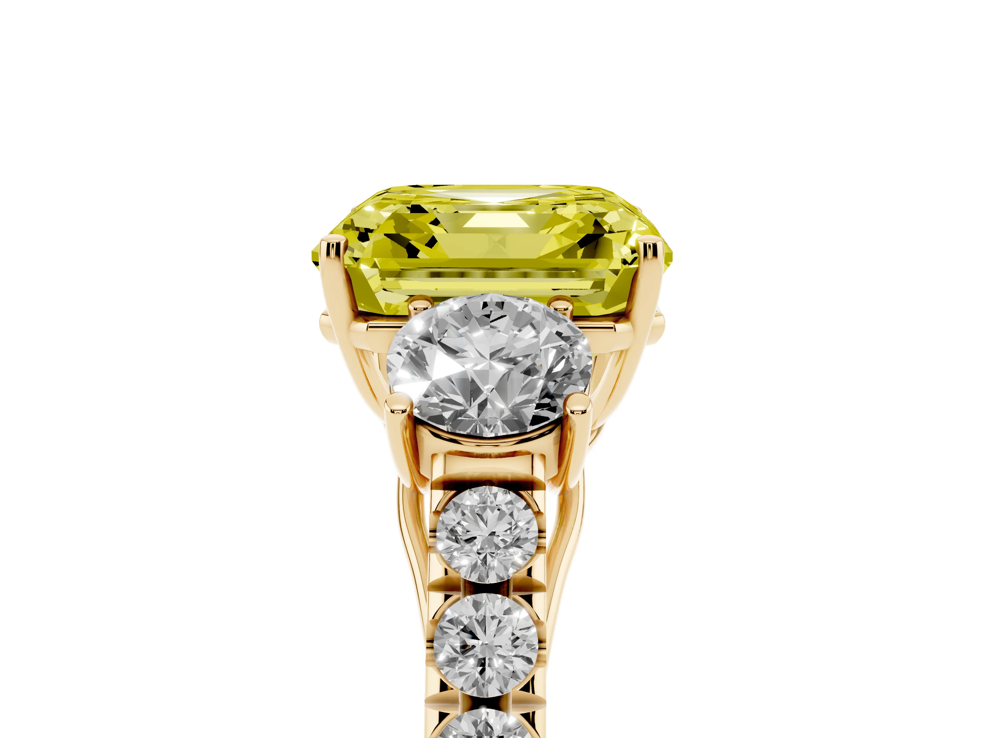 Fancy Yellow Asscher Cut Diamond Three-Stone Ring Set in Yellow gold with Round Side Stones and Delicate Pavé Band
