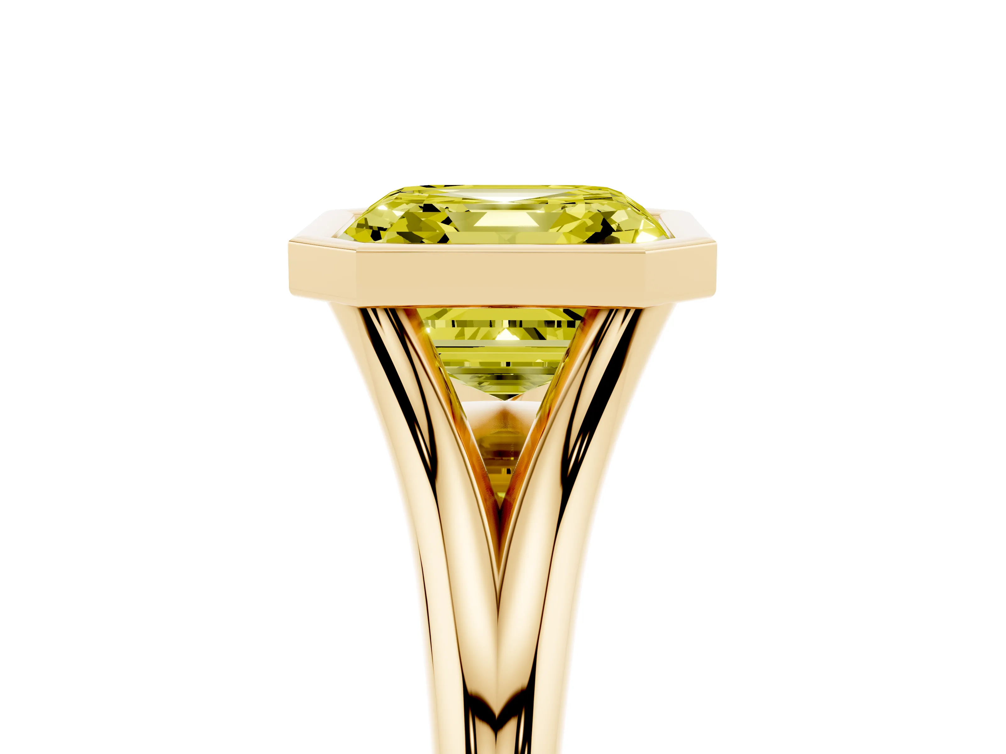 Fancy Yellow Bezel Set Asscher Cut Diamond Solitaire Ring Set in Yellow gold with Tapered Band