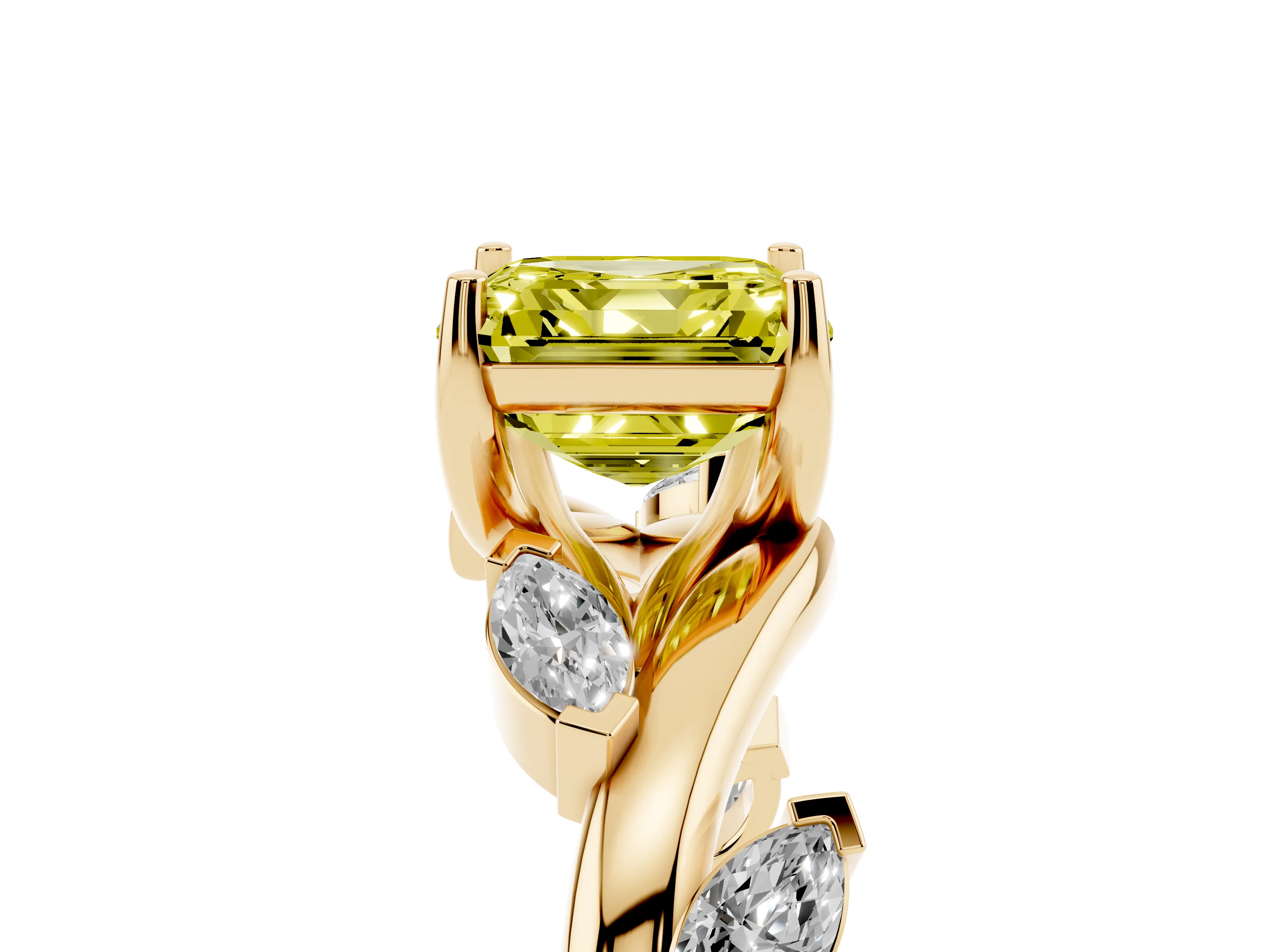Fancy Yellow Asscher Cut Diamond Solitaire Ring Set in Yellow gold with Twisted Marquise Accent Band