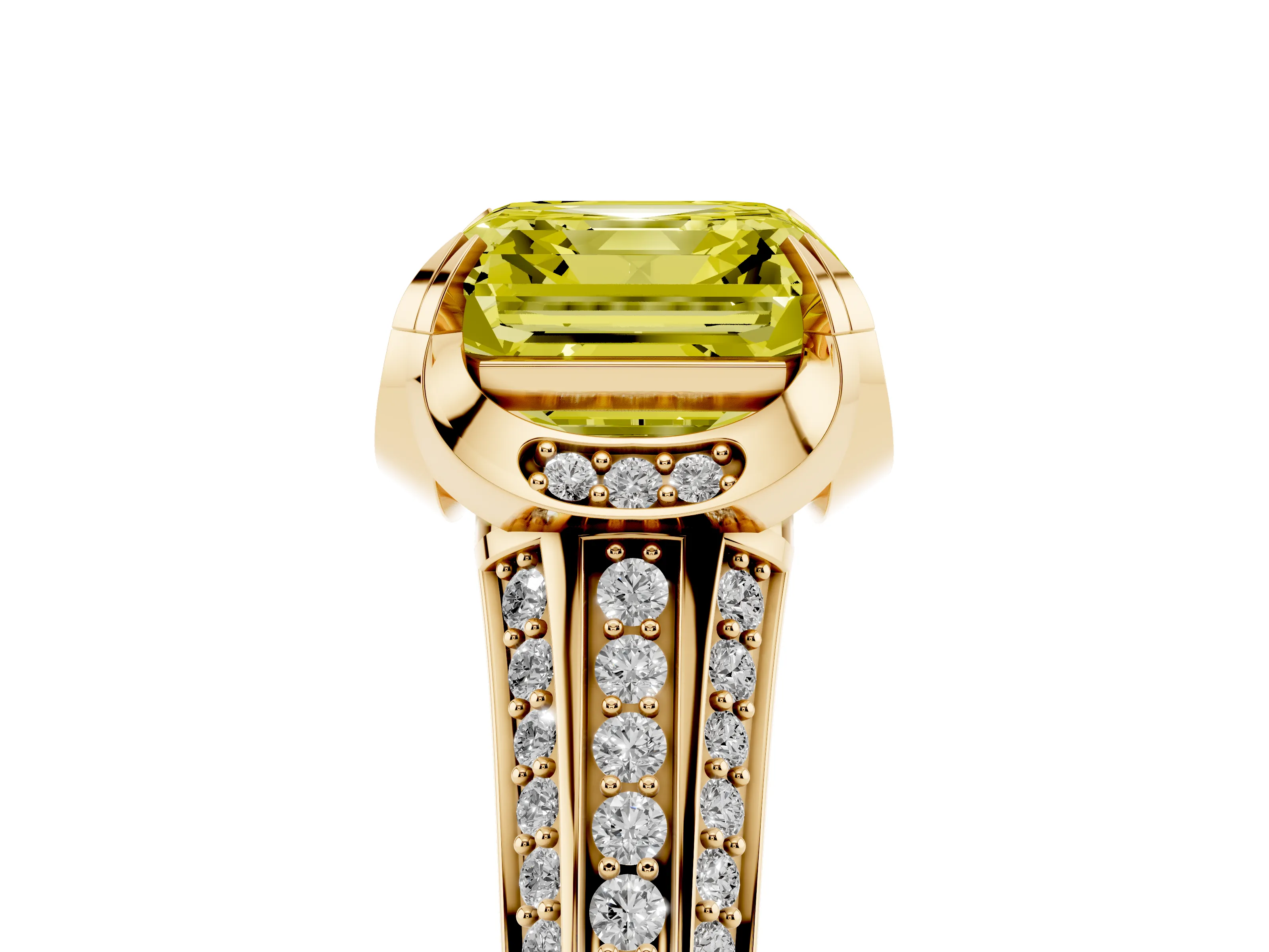 Fancy Yellow Asscher Cut Diamond Pavé Split Shank Solitaire Ring Set in Yellow gold with Prong Setting