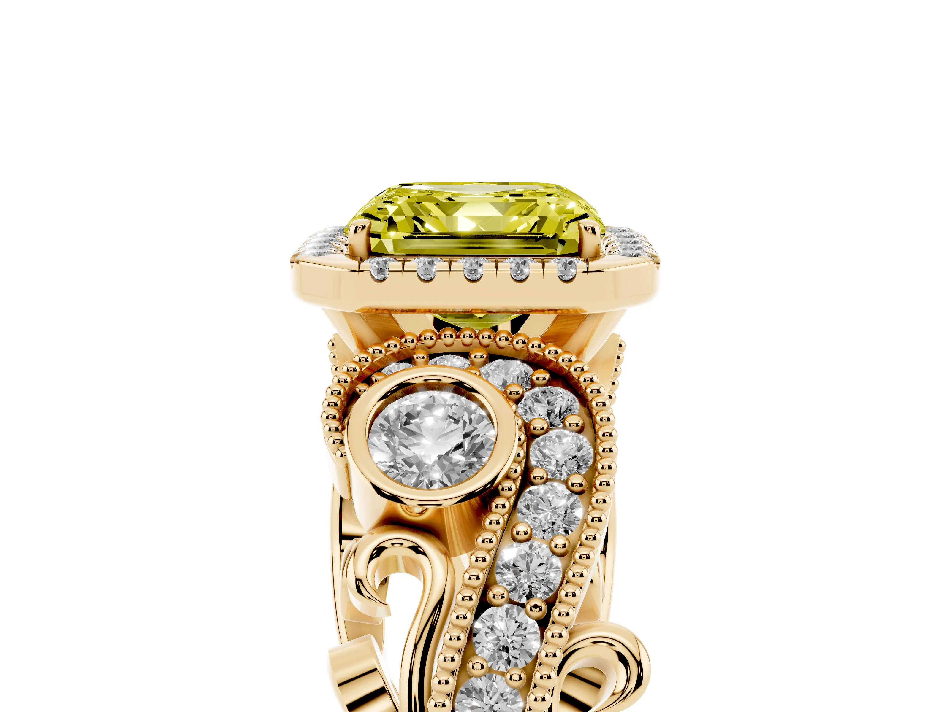 Fancy Yellow Asscher Cut Diamond Halo Ring Set in Yellow gold with Milgrain Pavé Band and Prong Setting
