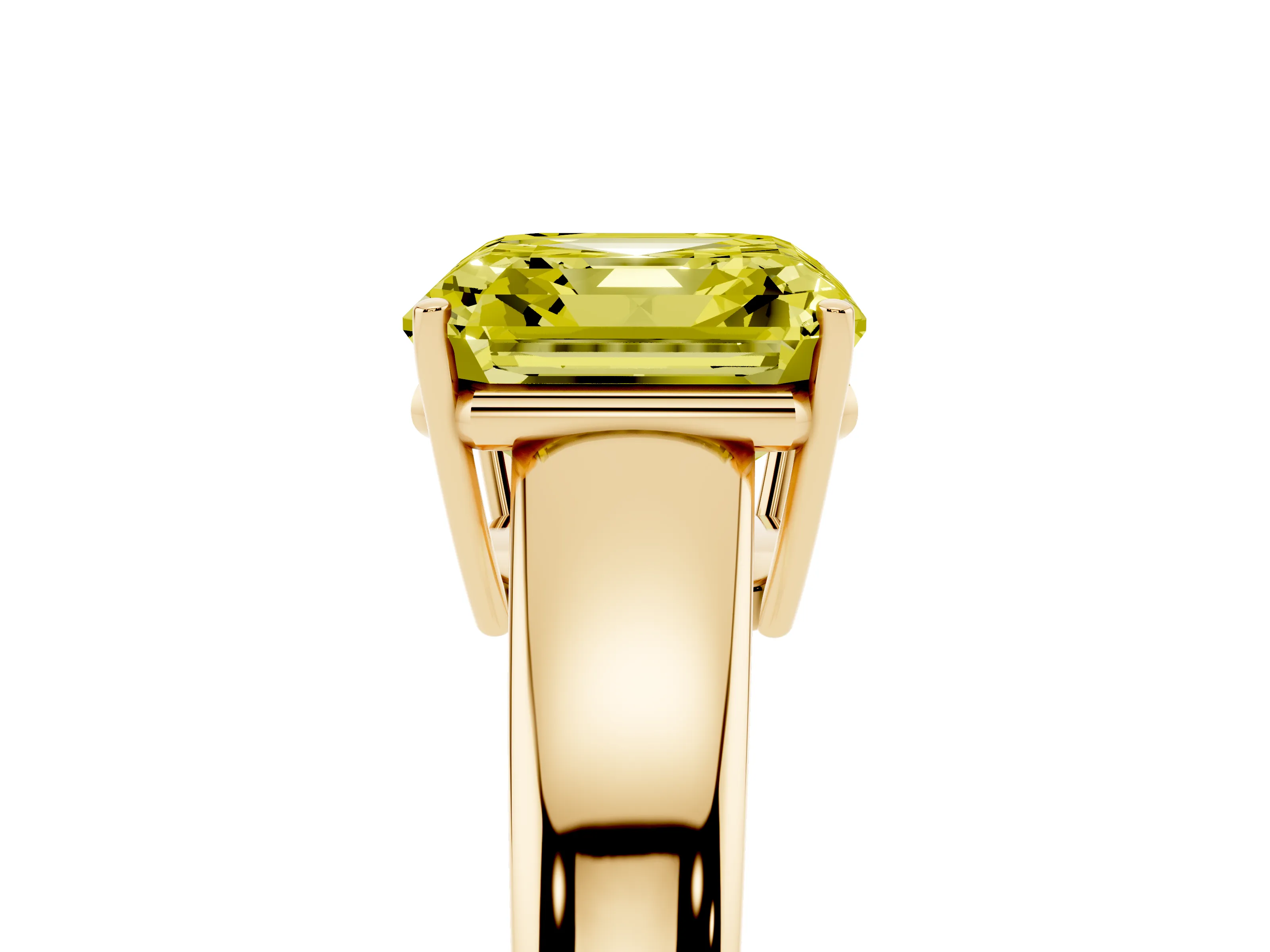 Fancy Yellow Asscher Cut Diamond Solitaire Ring Set in Yellow gold with Tapered Band and Prong Setting