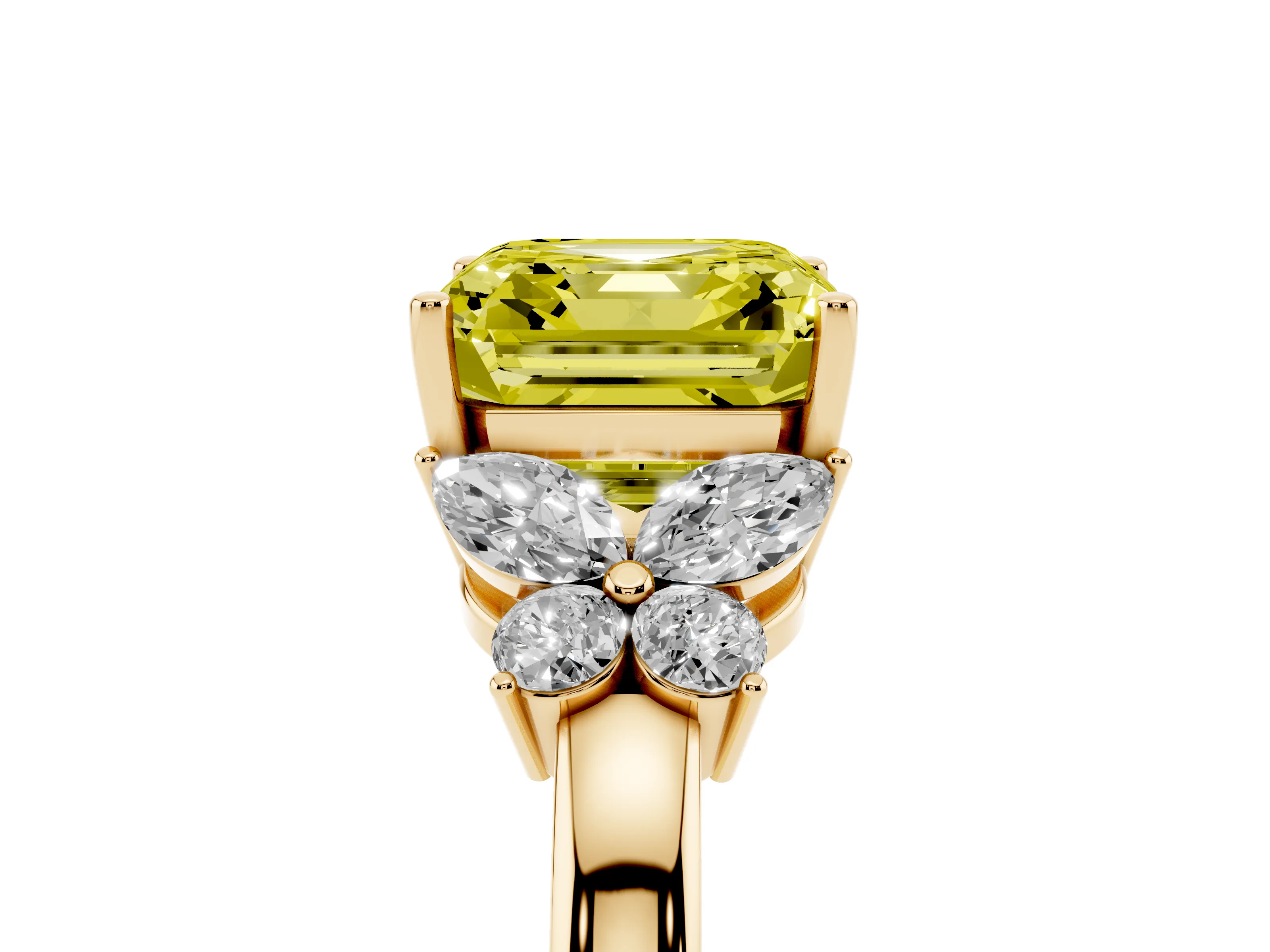 Fancy Yellow Asscher Cut Diamond Solitaire Floral Ring Set in Yellow gold with Marquise Petals and Prong Setting