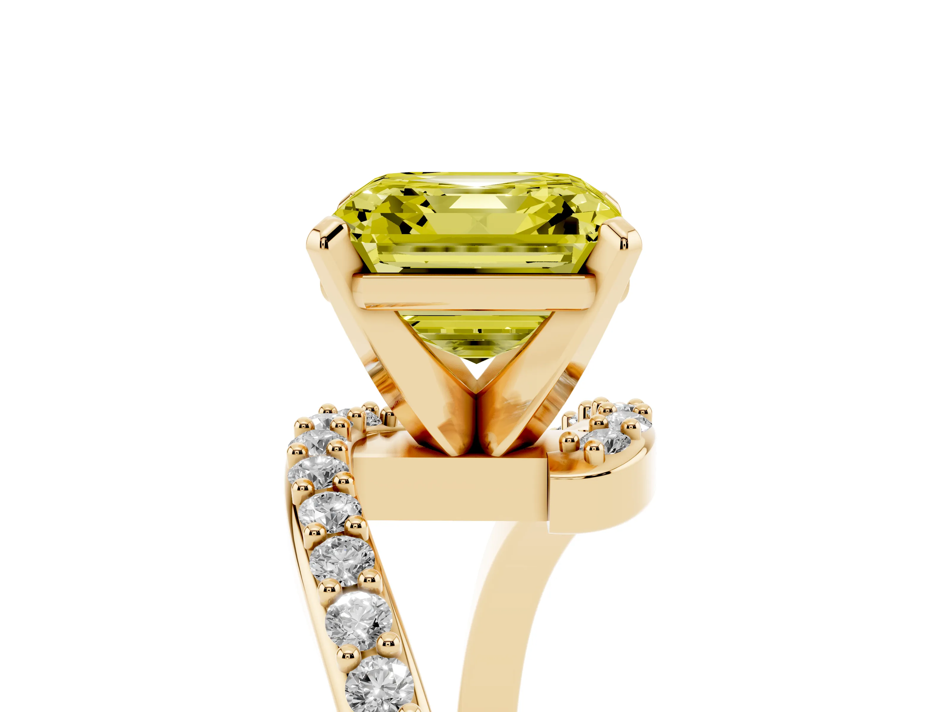 Fancy Yellow Asscher Cut Diamond Solitaire Ring Set in Yellow gold with Pavé Twist Band and Prong Setting