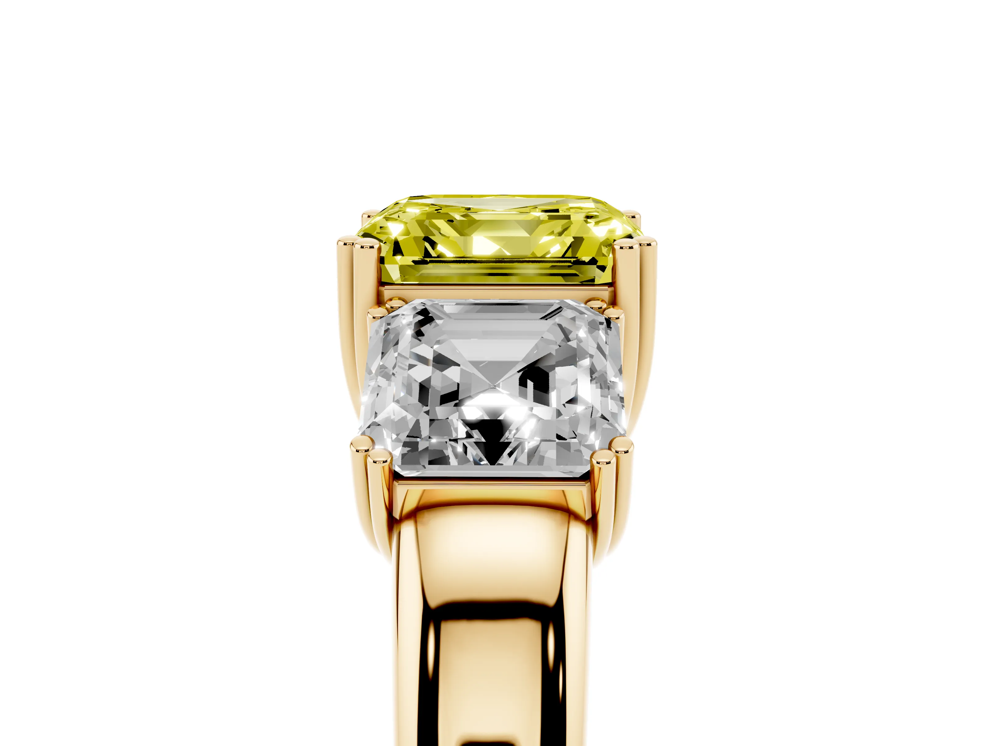 Fancy Yellow Asscher Cut Diamond Three-Stone Ring Set in Yellow gold with Polished Band and Prong Setting