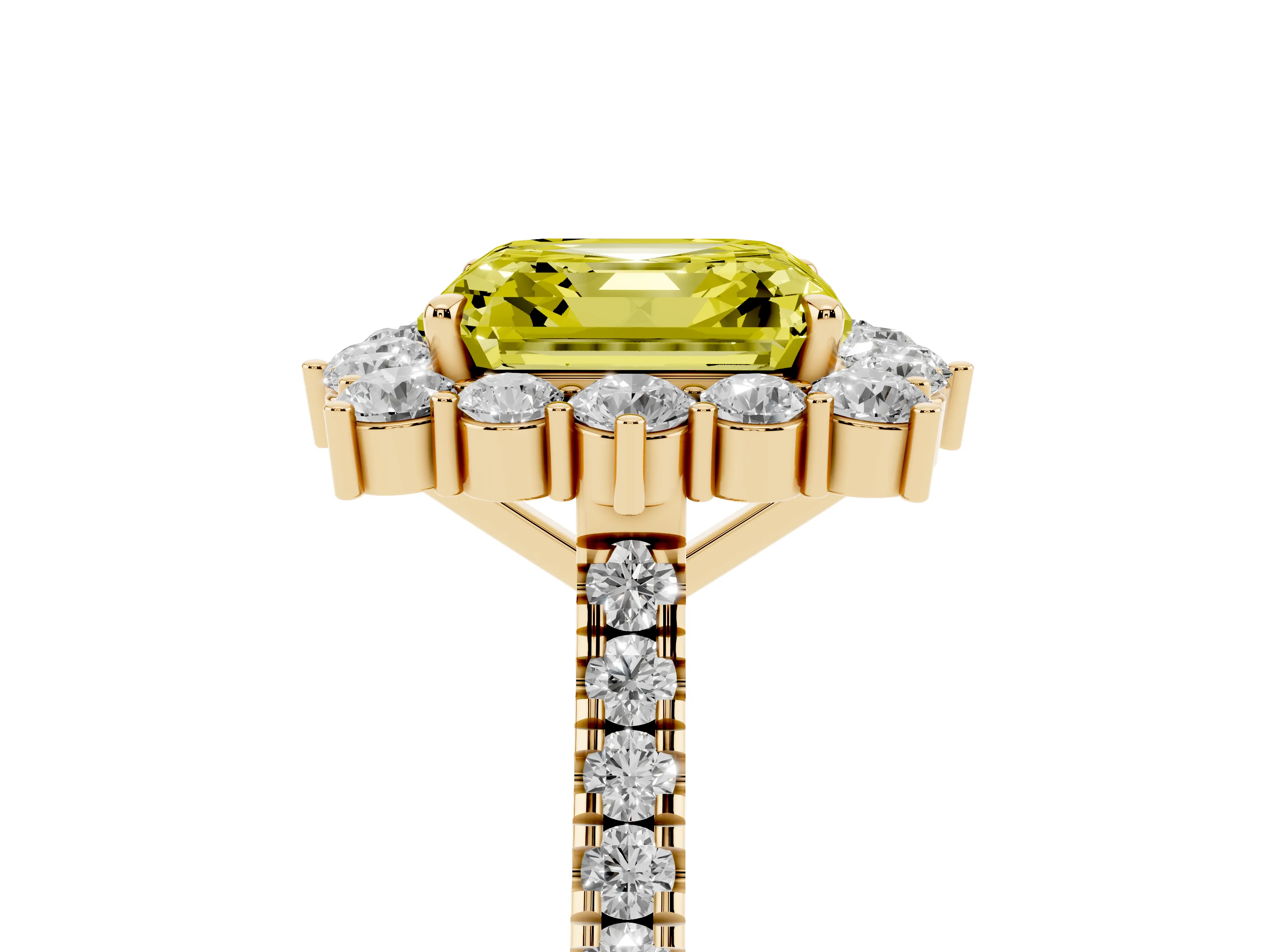 Fancy Yellow Asscher Cut Diamond Halo Ring Set in Yellow gold with Pavé Band and Prong Setting