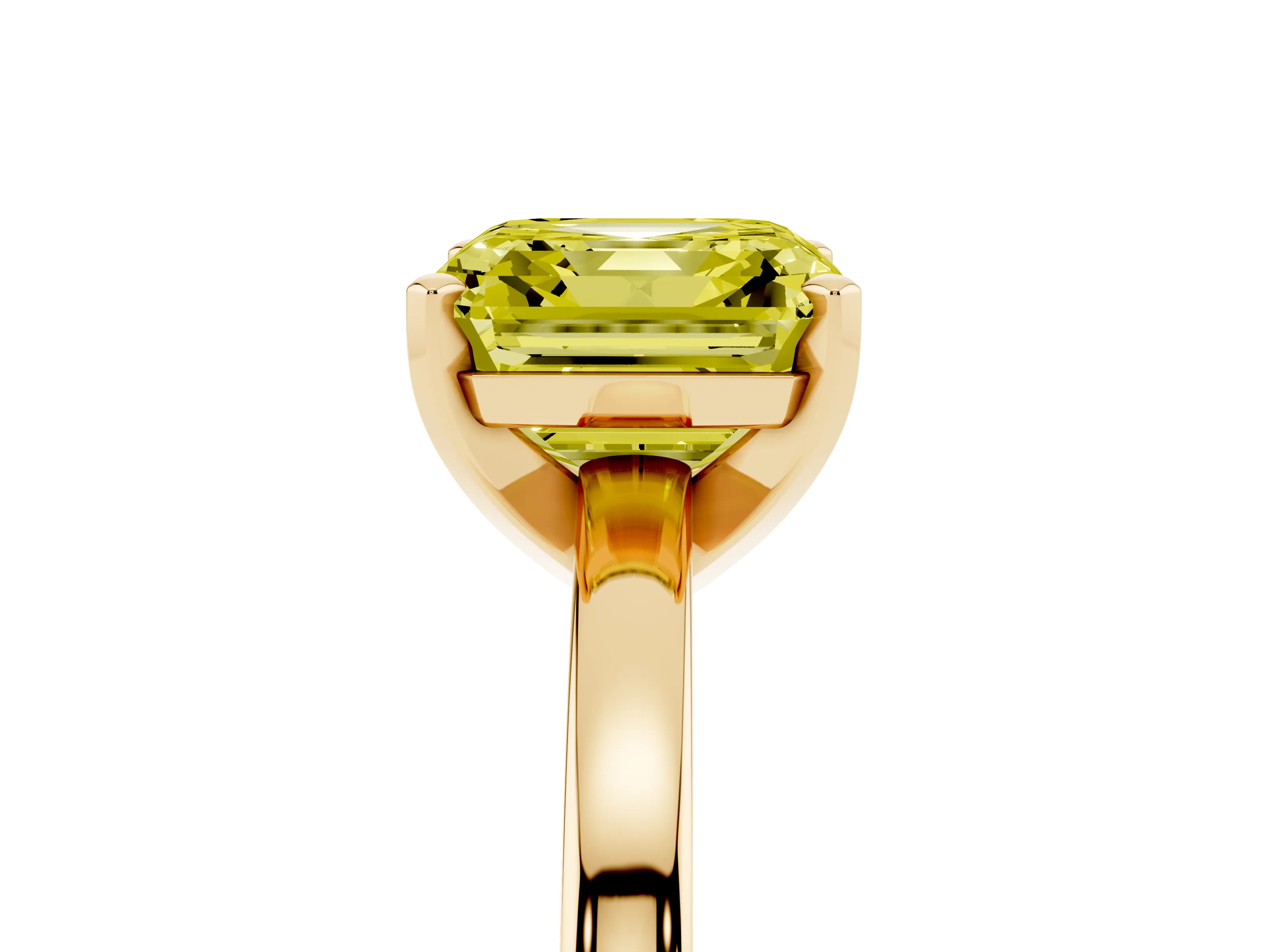 Fancy Yellow Asscher Cut Diamond Solitaire Engagement Ring Set in Yellow gold with Prong Setting on a Classic Band
