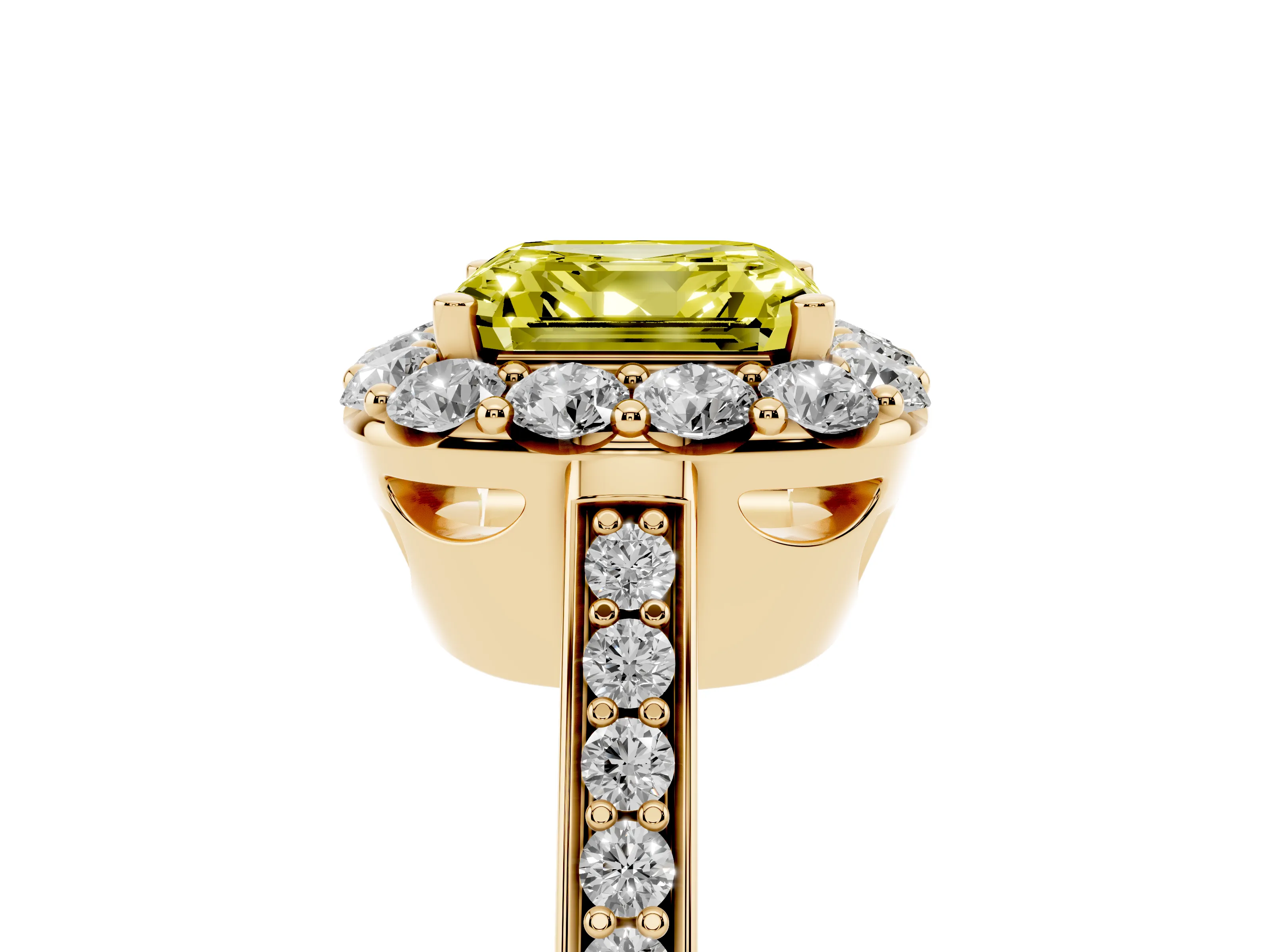 Fancy Yellow Asscher Cut Diamond Floral Halo Ring Set in Yellow gold with Pavé Band and Prong Setting