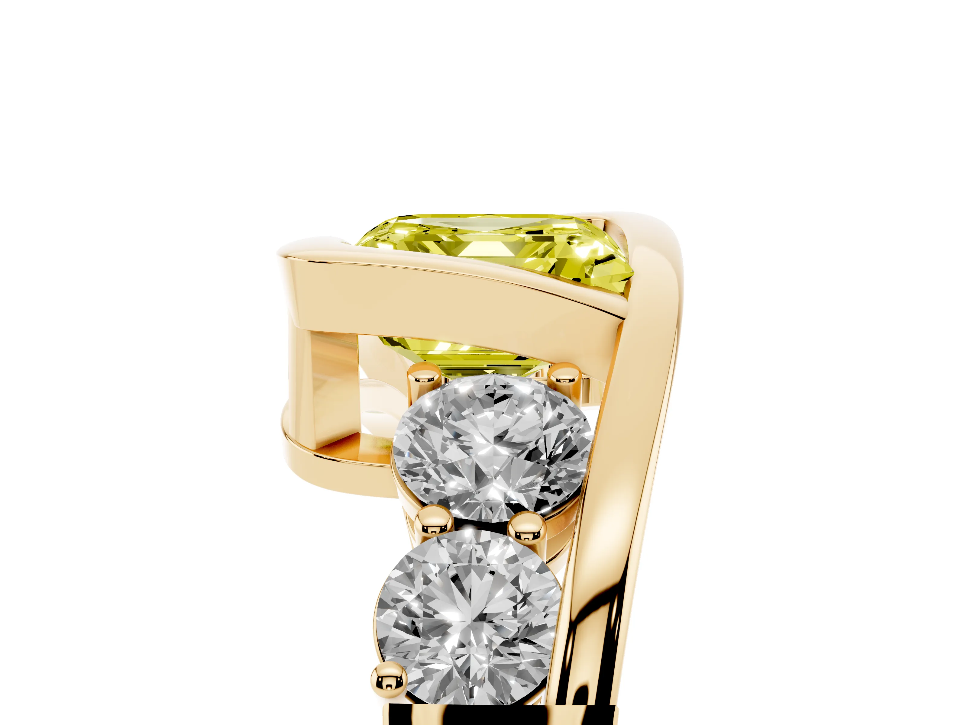 Fancy Yellow Asscher Cut Diamond Bezel Bypass Ring Set in Yellow gold with Round Accents