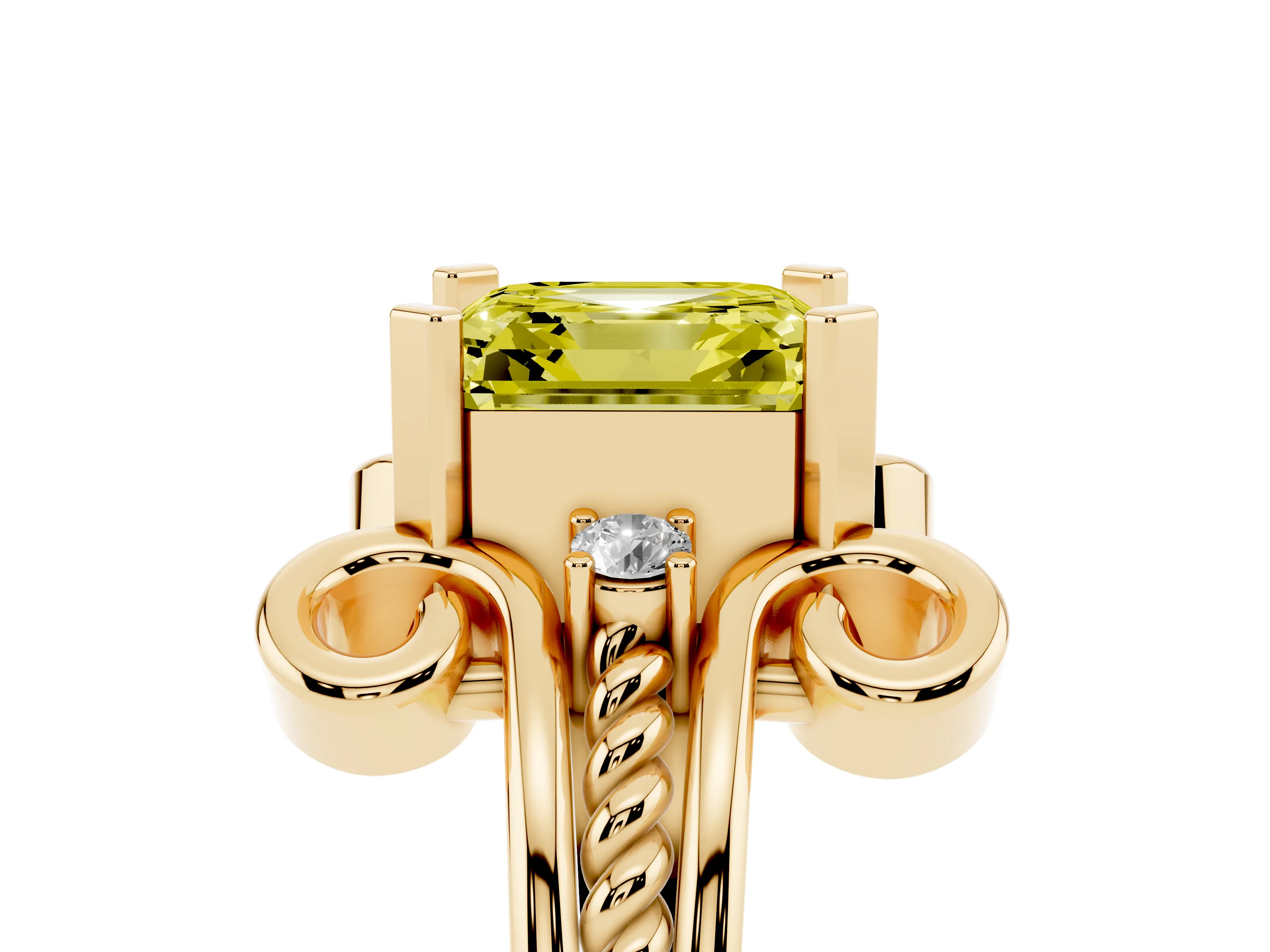 Fancy Yellow Asscher Cut Diamond Twisted Band Solitaire Ring Set in Yellow gold with Scroll Prongs