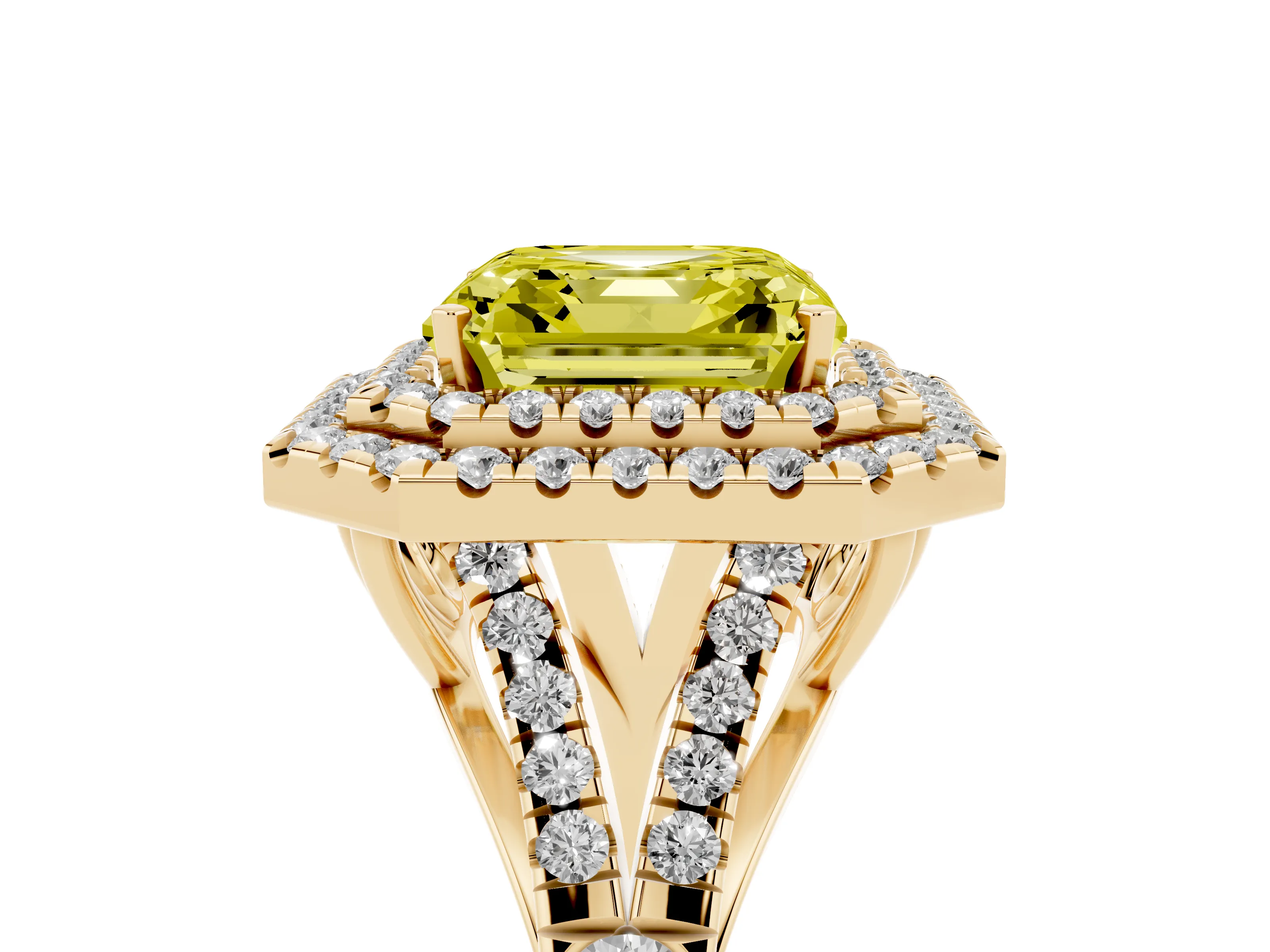 Fancy Yellow Asscher Cut Diamond Pavé Split Shank Double Halo Engagement Ring Set in Yellow gold