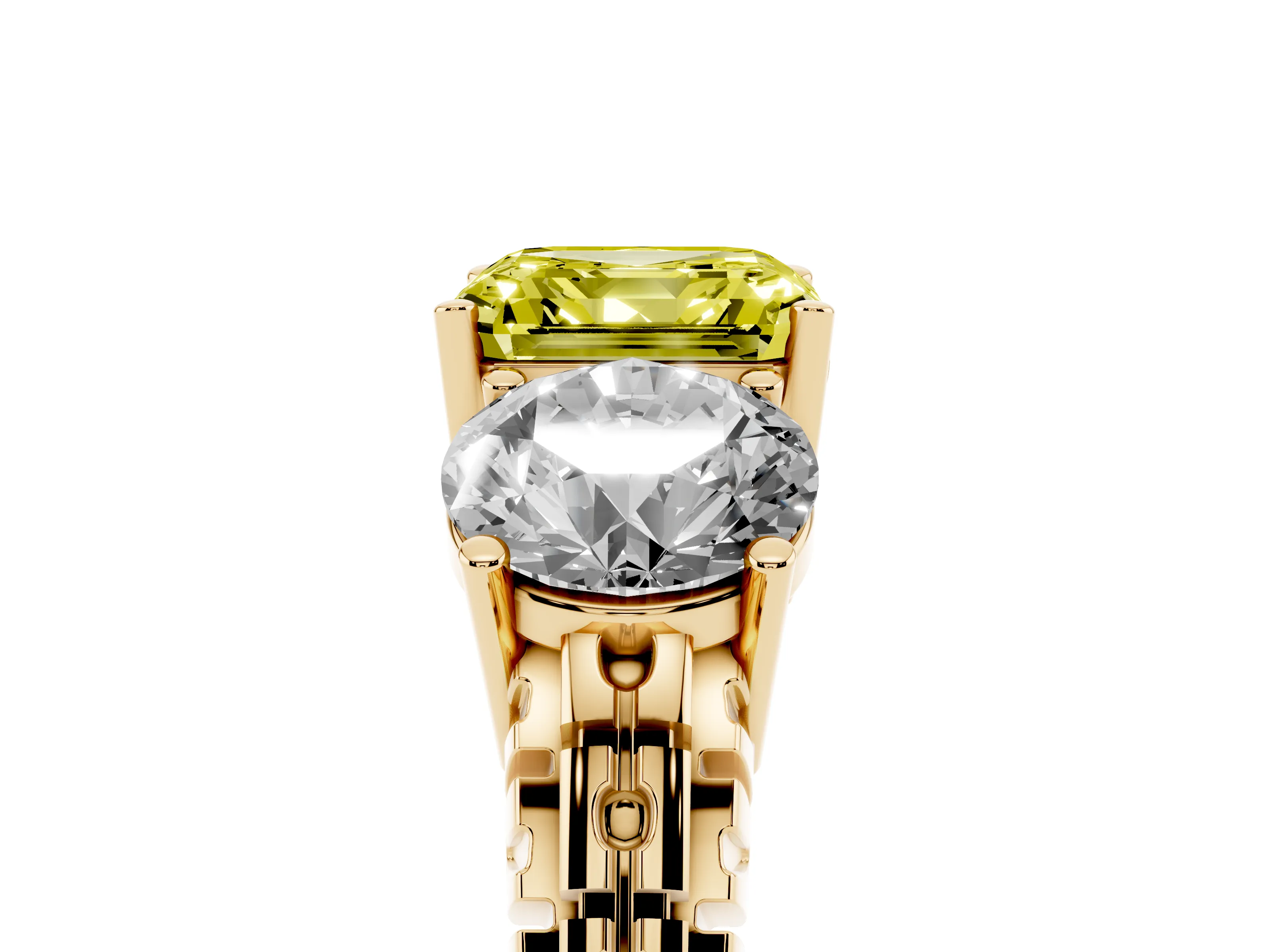 Fancy Yellow Asscher Cut Diamond Three-Stone Ring Set in Yellow gold with Channel-Set Accent Band