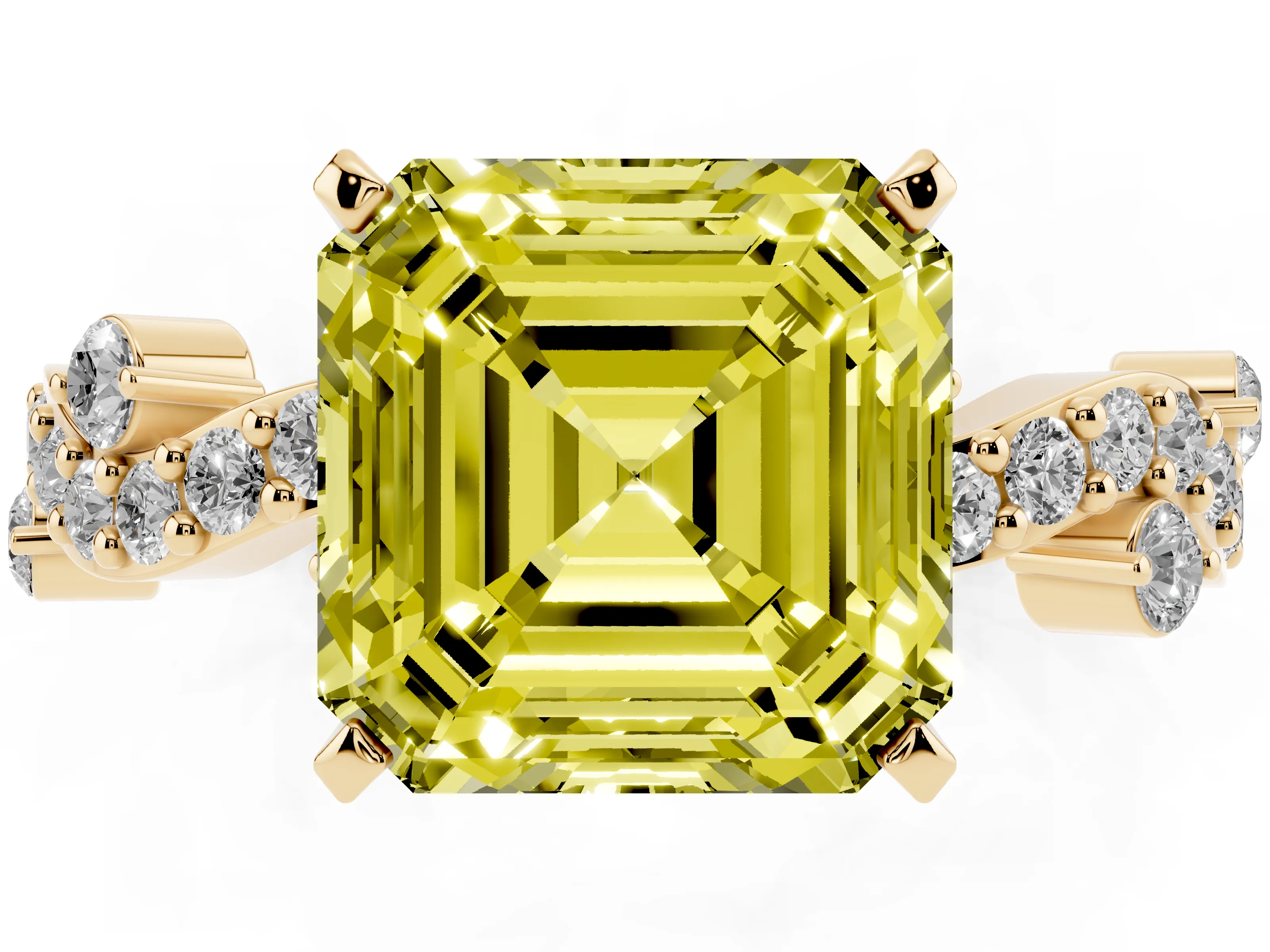 Fancy Yellow Asscher Cut Diamond Solitaire Twisted Band Set in Yellow gold with Pavé Setting