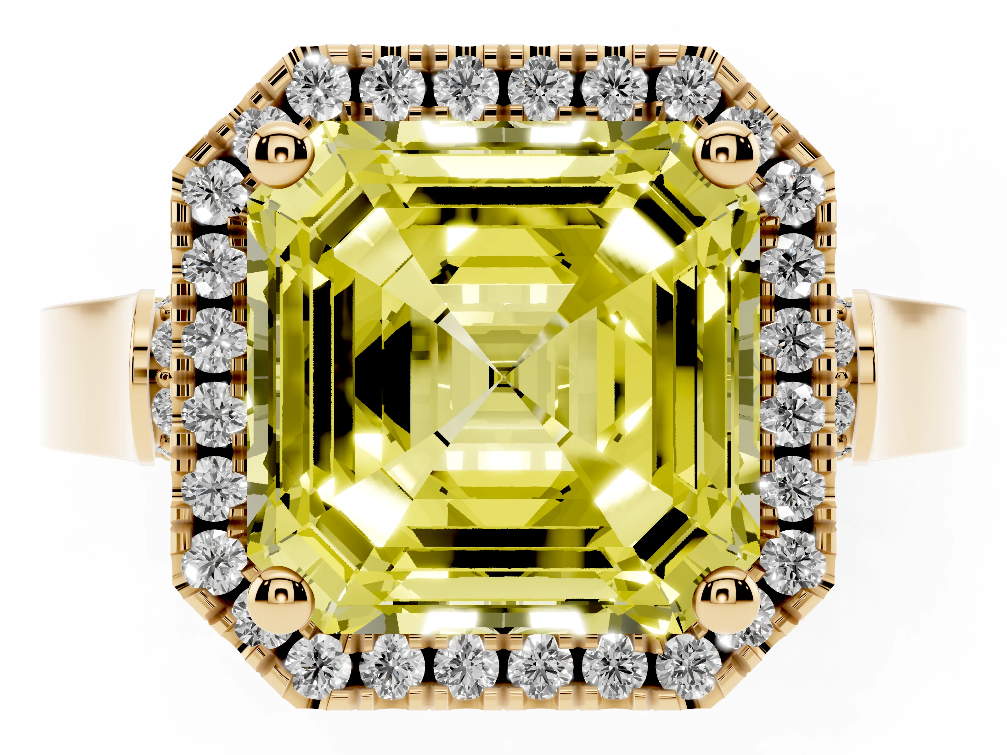 Fancy Yellow Asscher Cut Diamond Halo Ring Set in Yellow gold with Pavé-Lined Split Shank Band